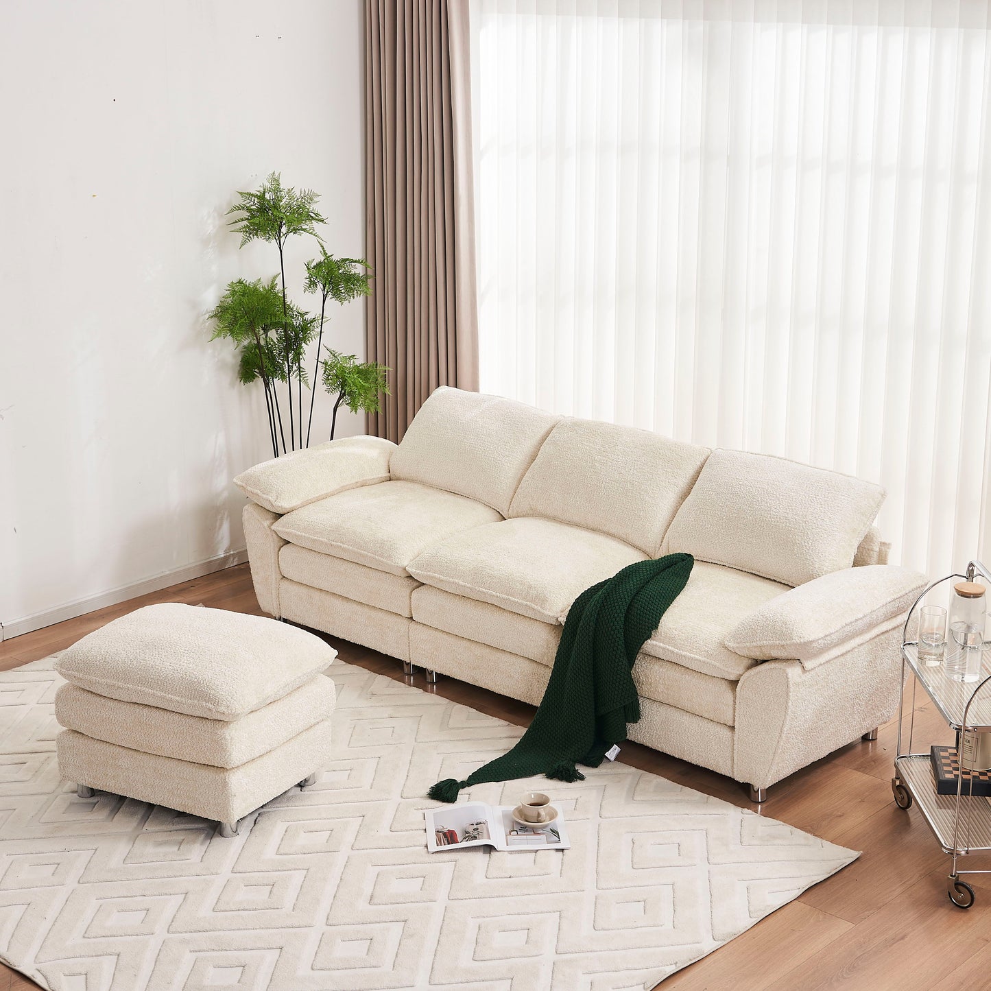 Modern Deep 3 Seat Sofa Couch With Ottoman, Polyester Sofa Sleeper Comfy Upholstered Furniture For Living Room - Beige