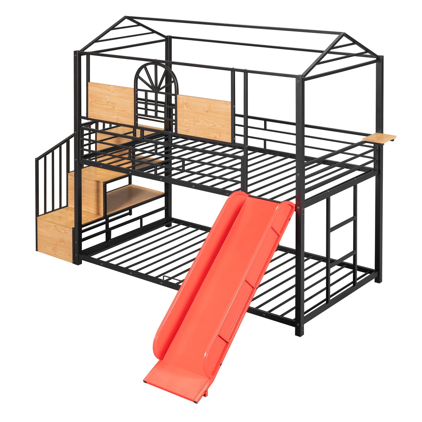 Twin Over Twin Bunk Bed, Housebed With Slide And Storage Stair - Black / Red