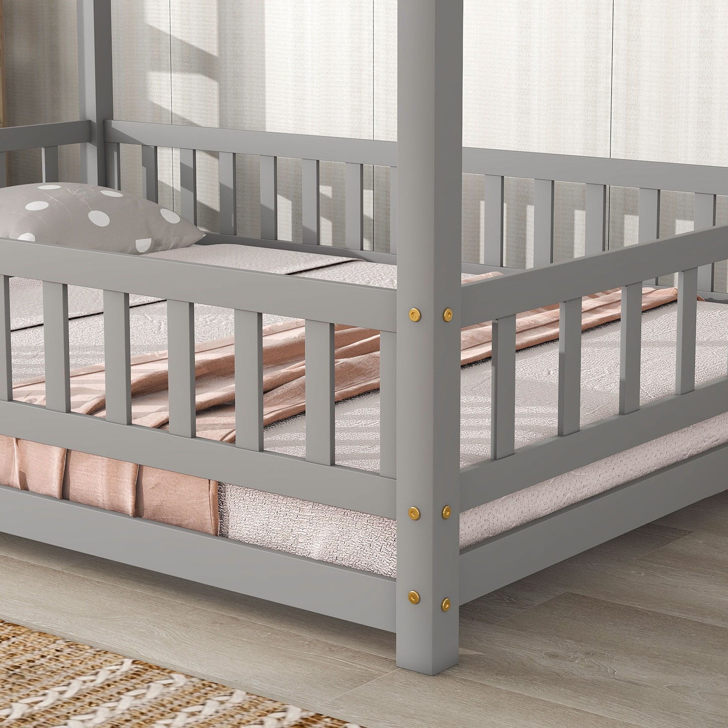 Full Size Floor Wooden Bed With House Roof Frame, Fence Guardrails - Gray