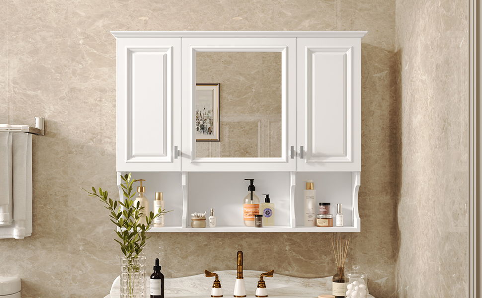 Wall Mounted Bathroom Medicine Cabinet, Modern Bathroom Wall Cabinet With Mirror, Mirror Cabinet With Open Shelves - White