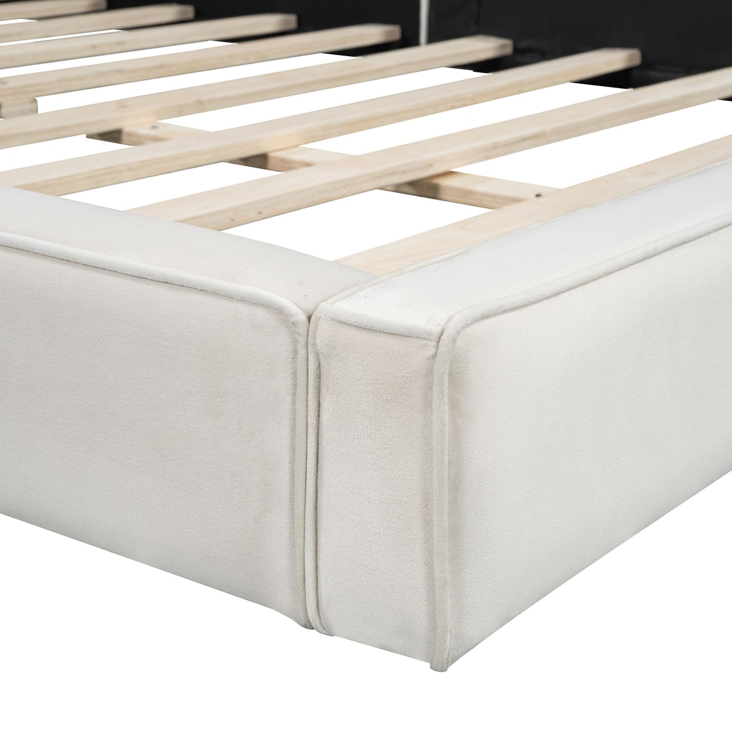 Queen Size Upholstered Platform Bed, Grounded Bed With Solid Frame - Beige