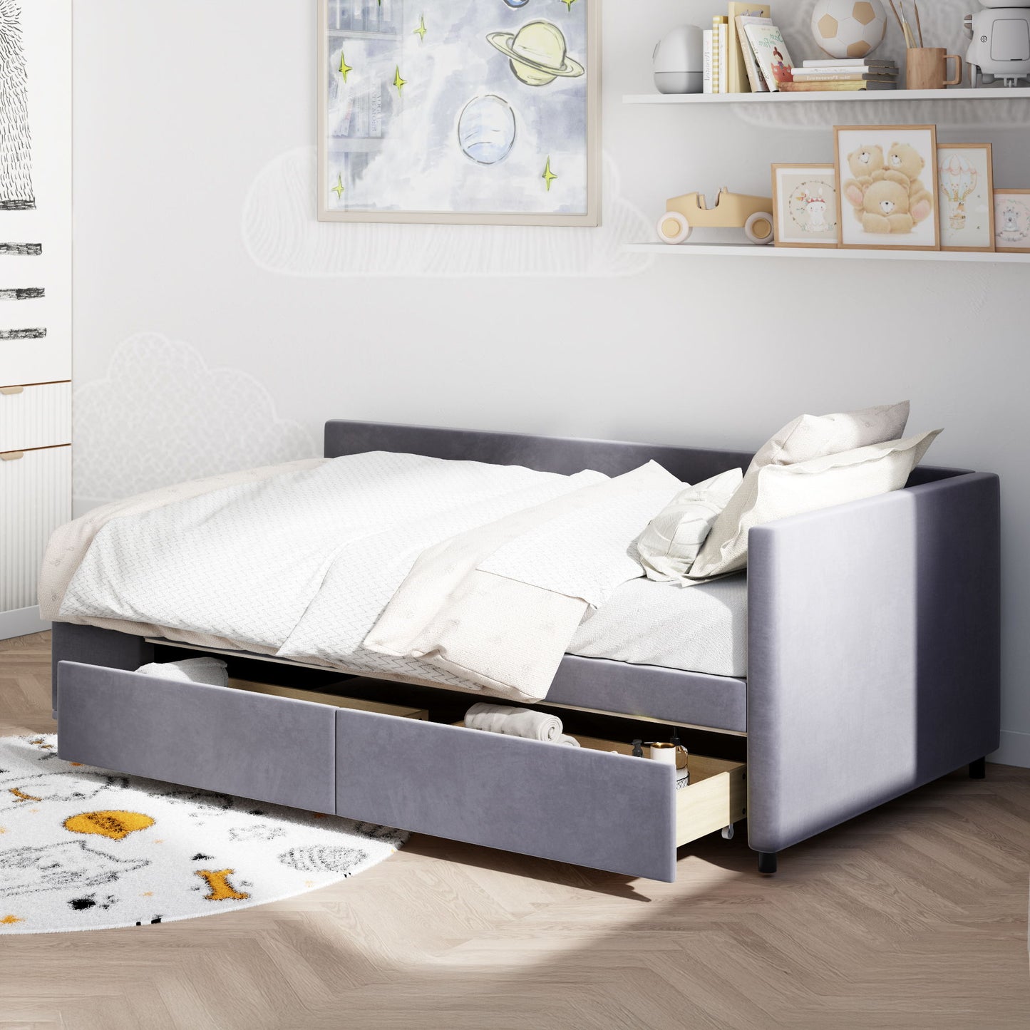 Twin L Shaped Upholstered Platform Bed With Storage Drawers - Gray