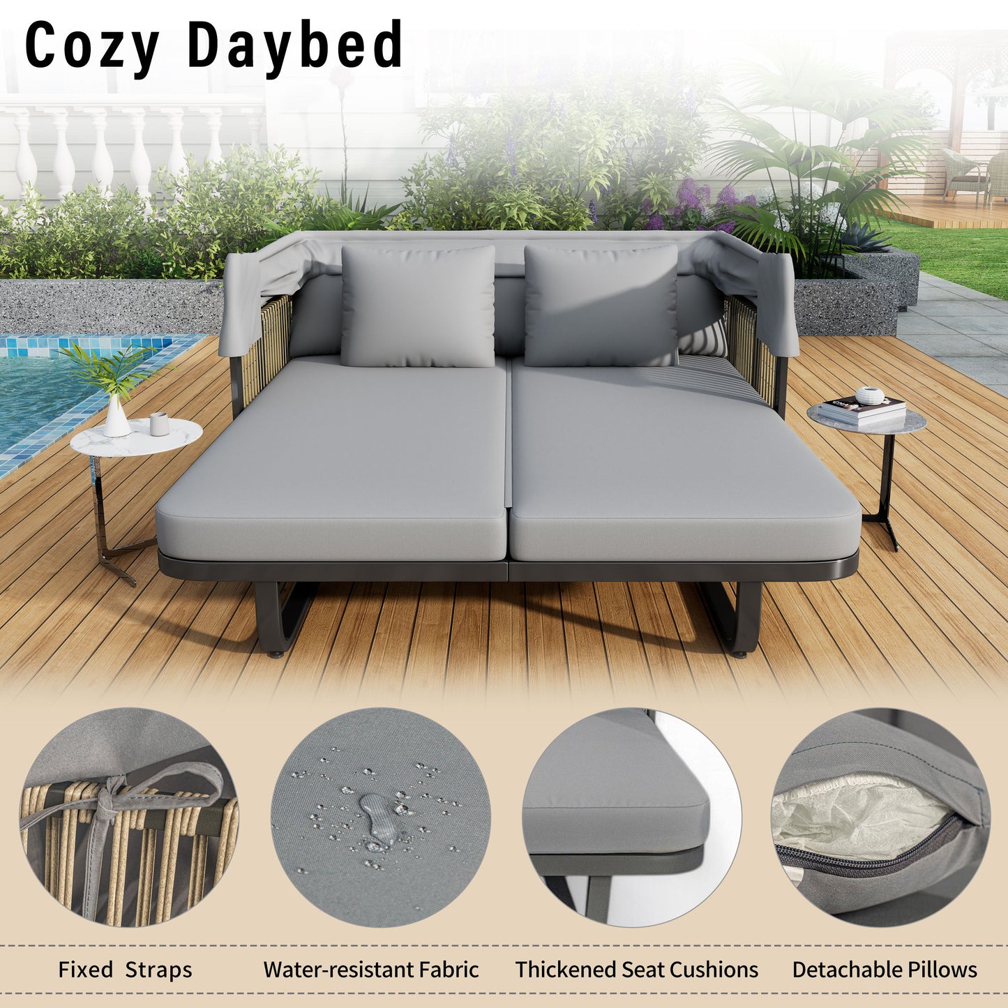 Outdoor Patio Daybed Rattan Daybed Outdoor Sunbed With Detachable Pillows For Patio, Backyard, Pool - Gray