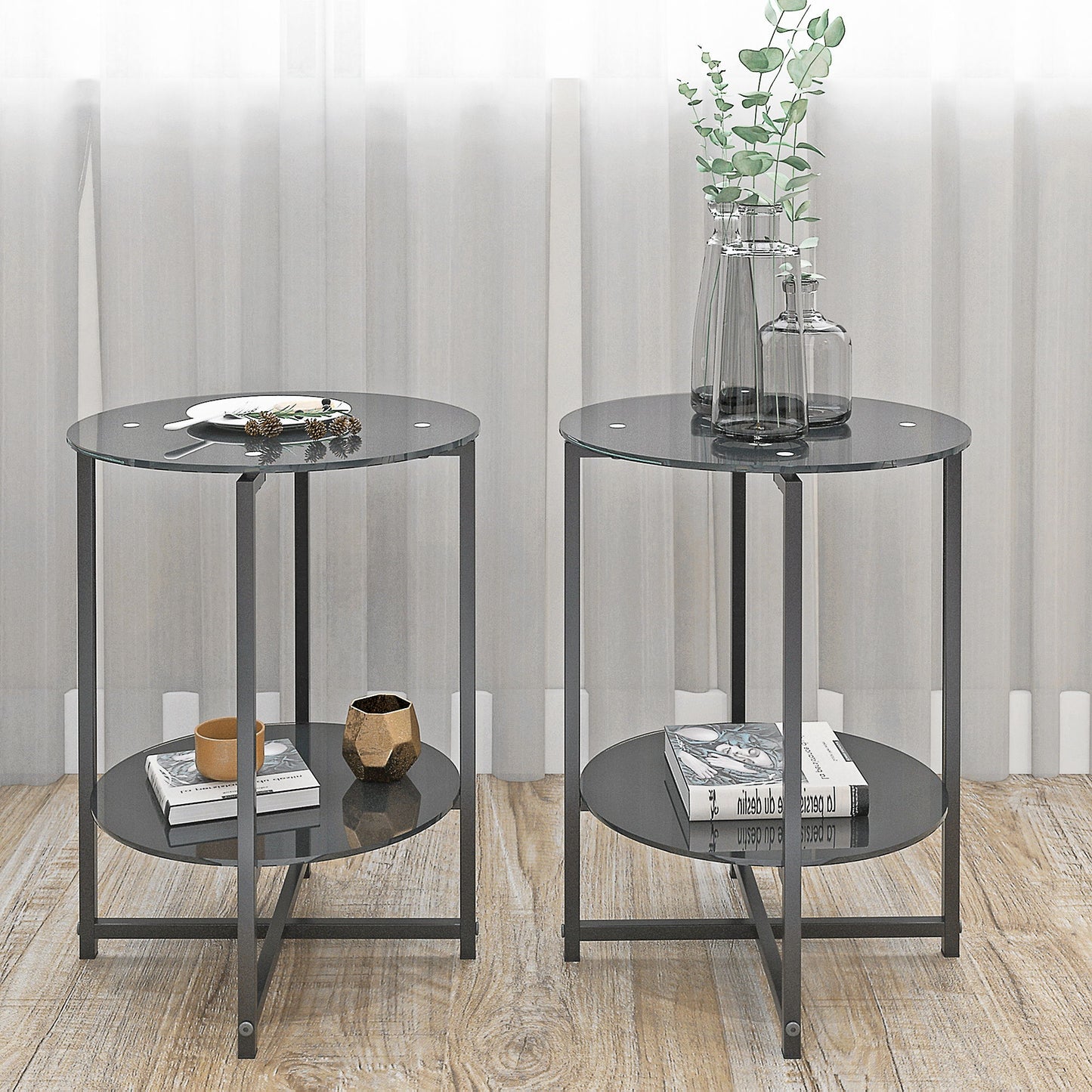 Tempered Glass End Table (Set of 2), Round Coffee Table For Bedroom Living Room Office - Black