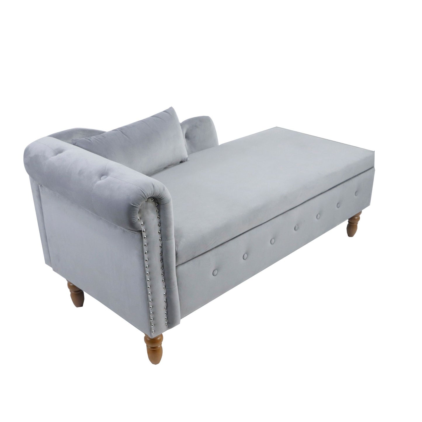 Chaise Lounge Indoor, Velvet Lounge Chair For Bedroom With Storage & Pillow, Modern Upholstered Rolled Arm Chase Lounge For Sleeping With Nailhead Trim For Living Room Bedroom Office - Gray