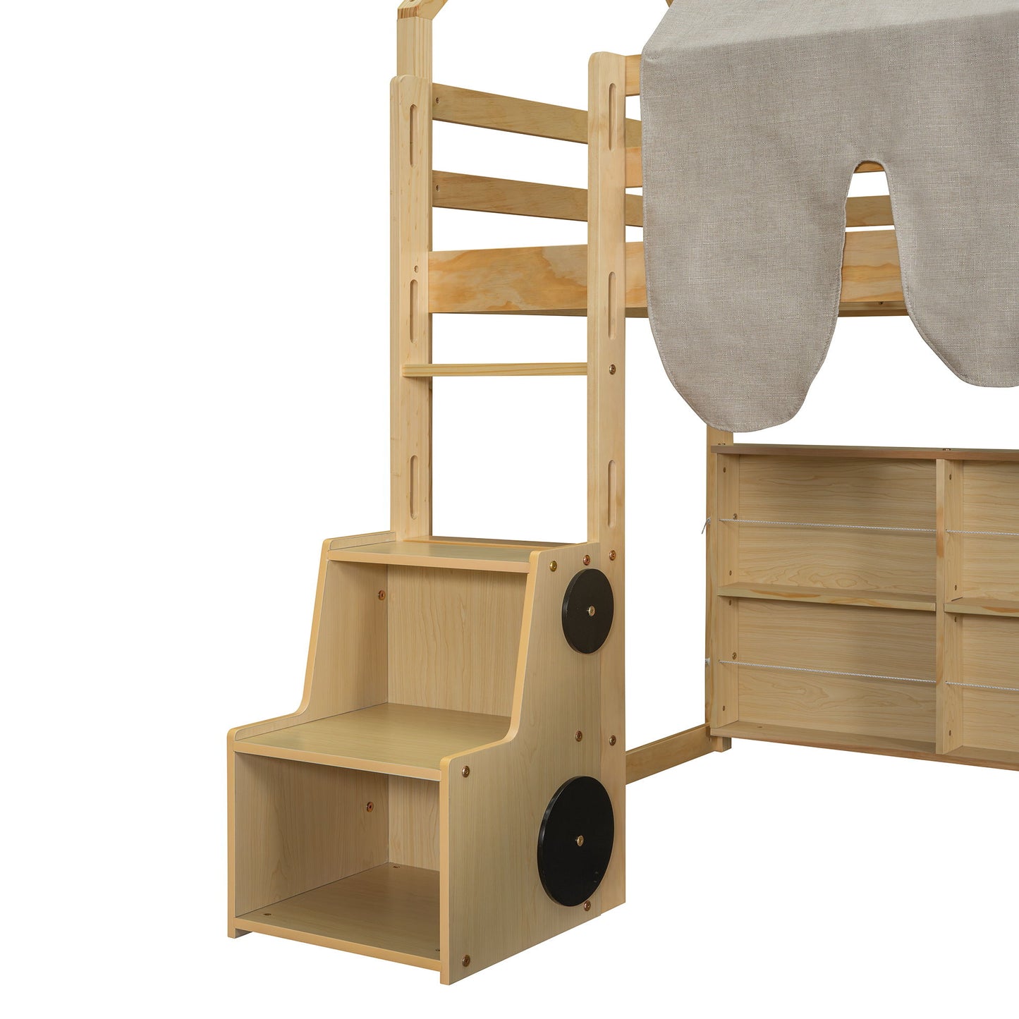Twin Size Loft Bed With House Shaped Frame And Tent - Natural / Beige