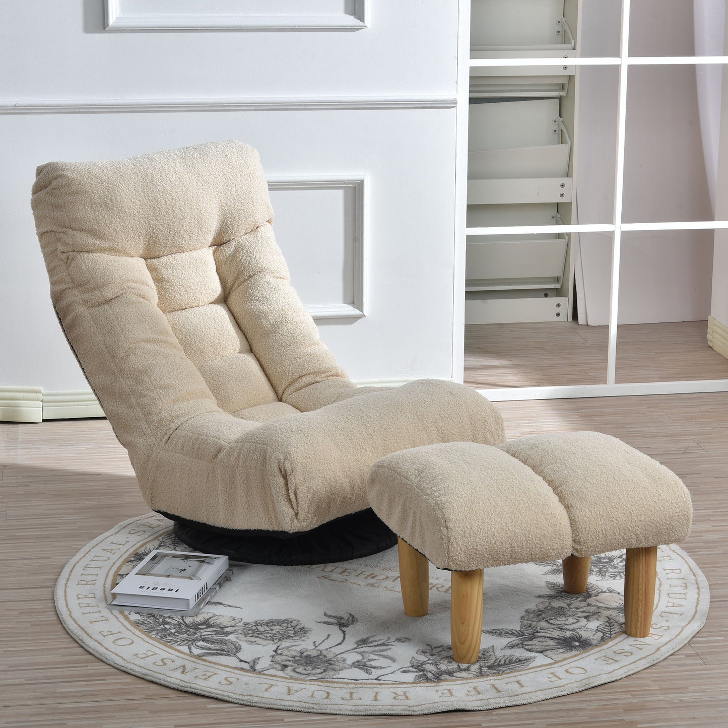 Japanese Style Single Reclining Sofa Chair With Adjustable Features Cotton For Balcony And Leisure - White