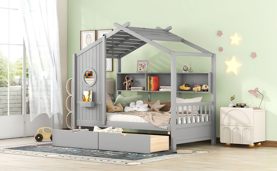 Twin Size House Bed With 2 Drawers, Kids Bed With Storage Shelf - Gray