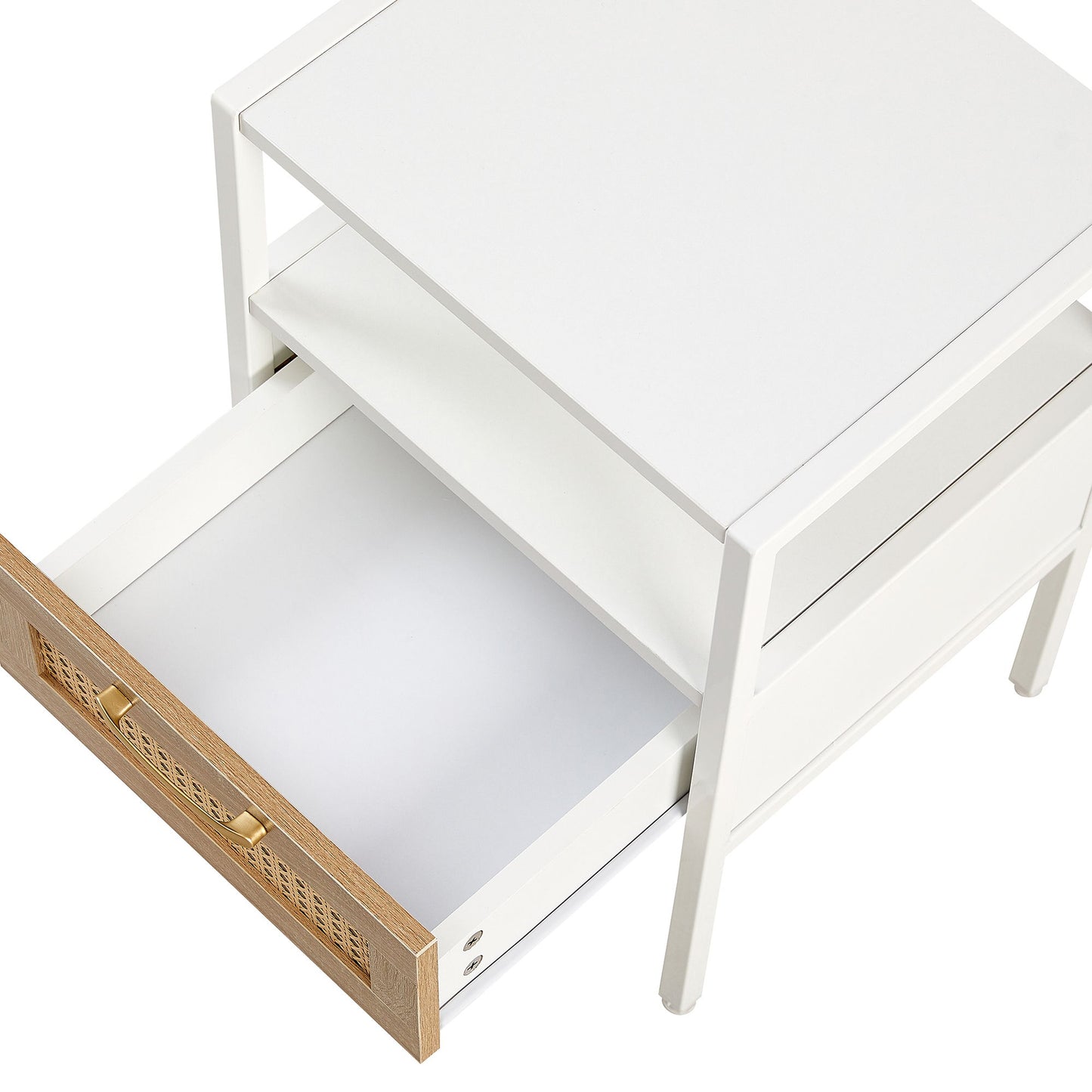 Rattan End Table With Drawer, Modern Nightstand, Metal Legs, Side Table For Living Room, Bedroom (Set of 2)- White