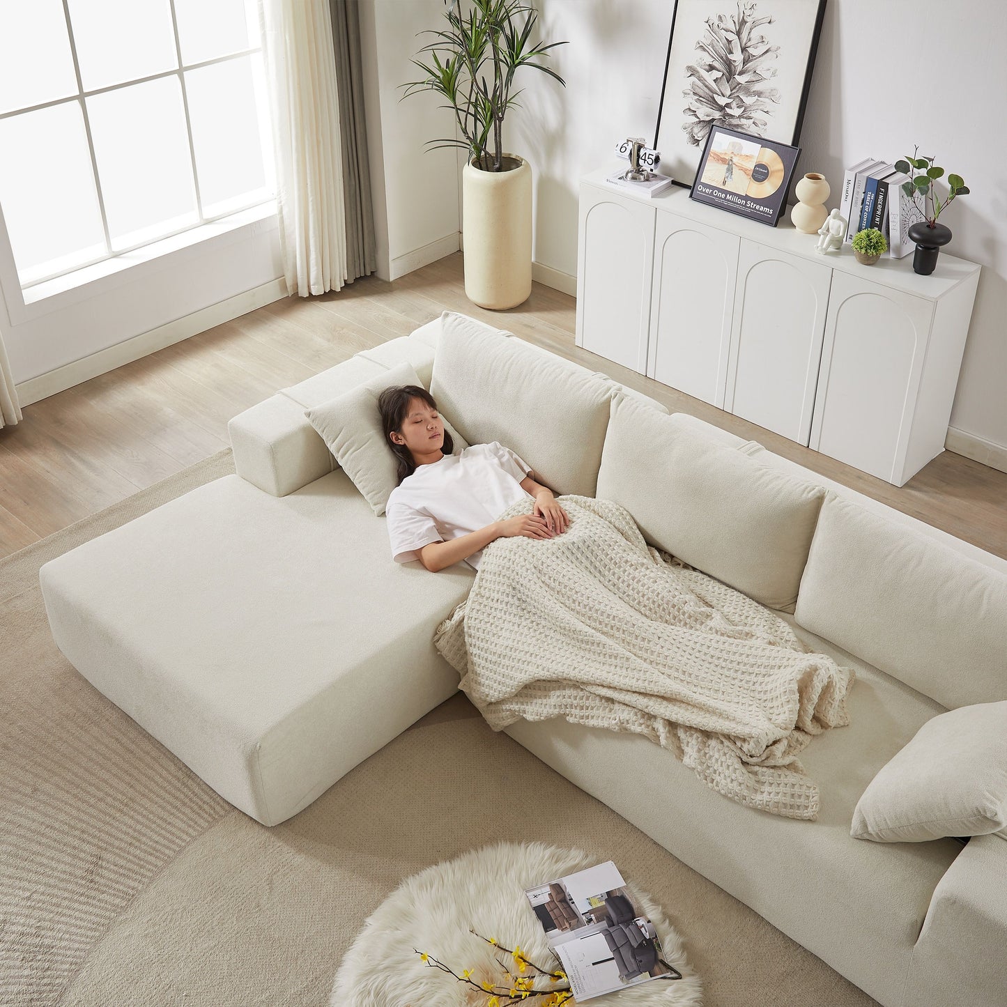 Modern Chenille Upholstered Sectional Sofa Couch Set, Modular L Shaped Sectional Living Room Sofa Set With 6 Pillows, Free Combination - Beige