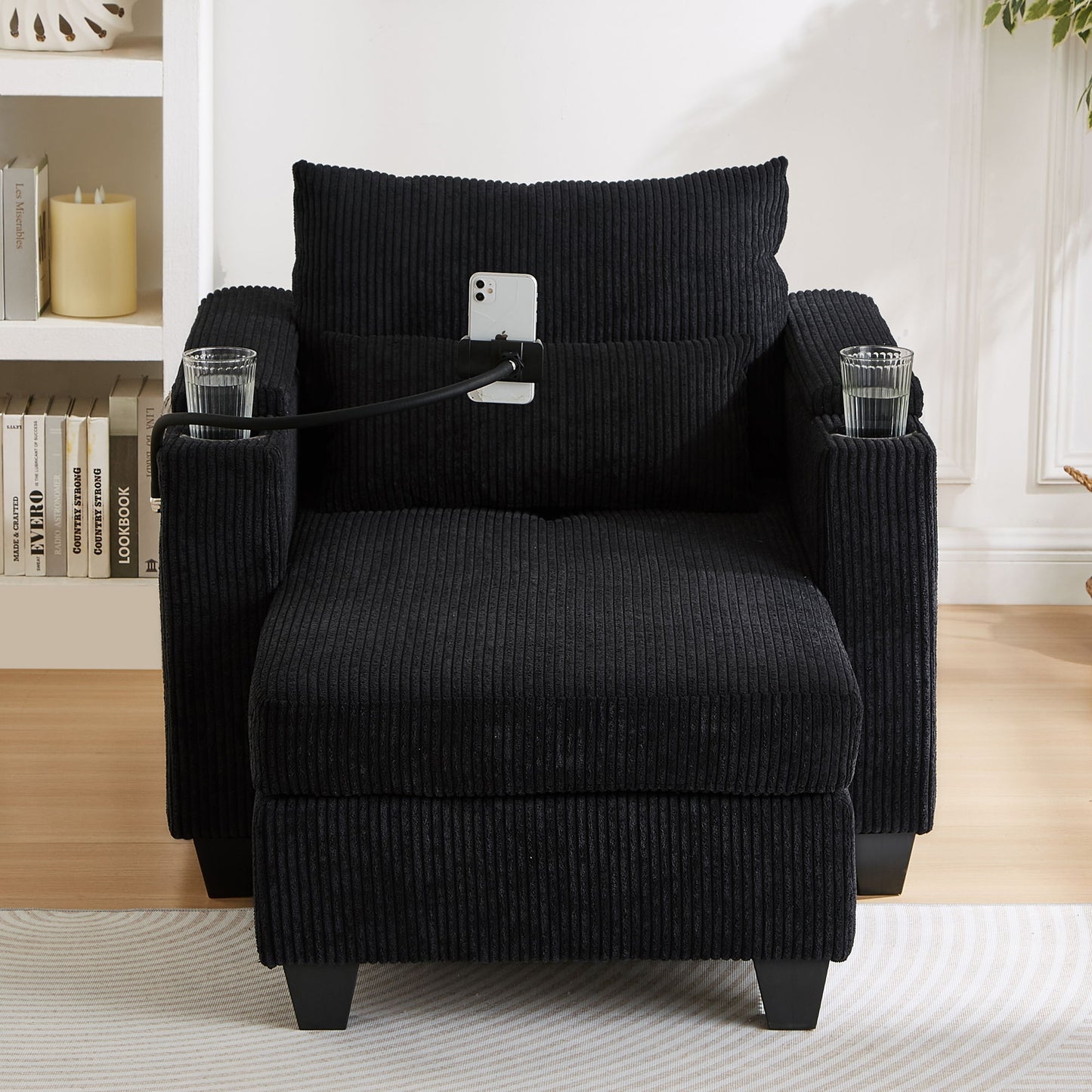 Convertible Chaise Lounge Sofa Chair Bed With USB Ports, Cup Holders & Storage - Black