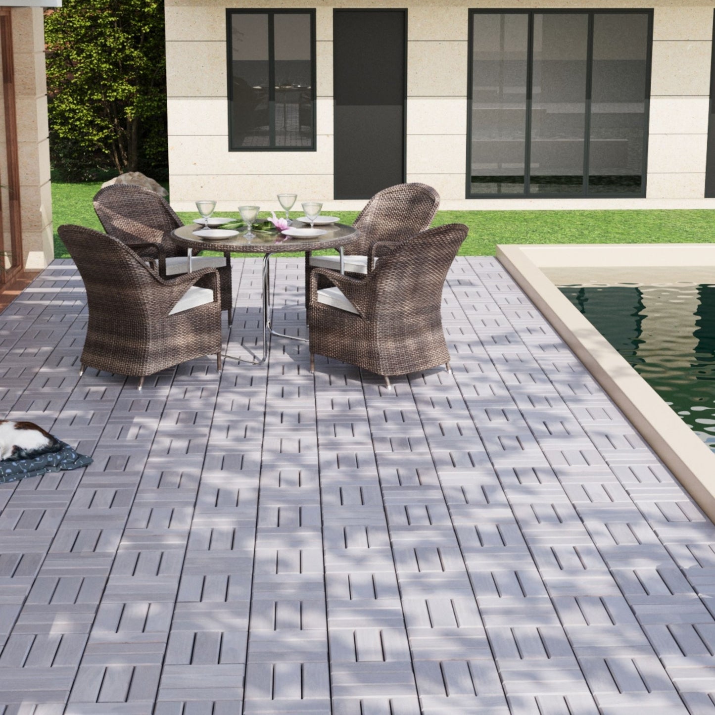 30 Piece Interlocking Deck Tiles Checker Pattern, Square Acacia Hardwood Outdoor Flooring For Patio, Bancony, Pool Side - Light Gray