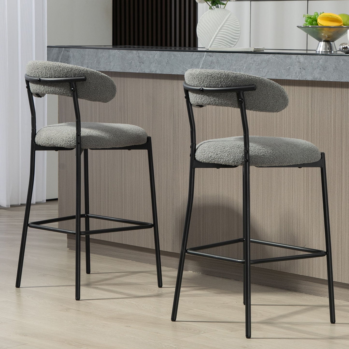 Counter Height Bar Stools Teddy Fabric Cover Kitchen Island Counter Bar Stool With Black Powder Coating Base And Footrest - Gray