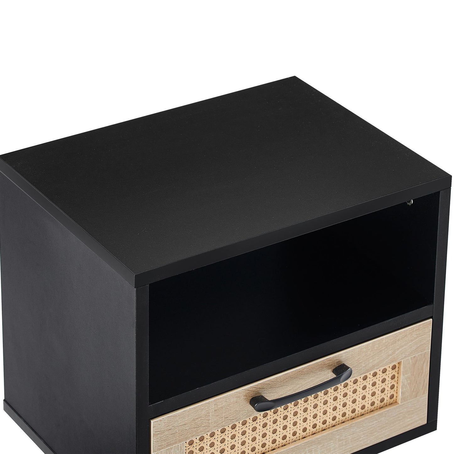 15.75" Rattan End Table With Drawer And Solid Wood Legs, Modern Nightstand, Side Table For Living Room, Bedroom - Black