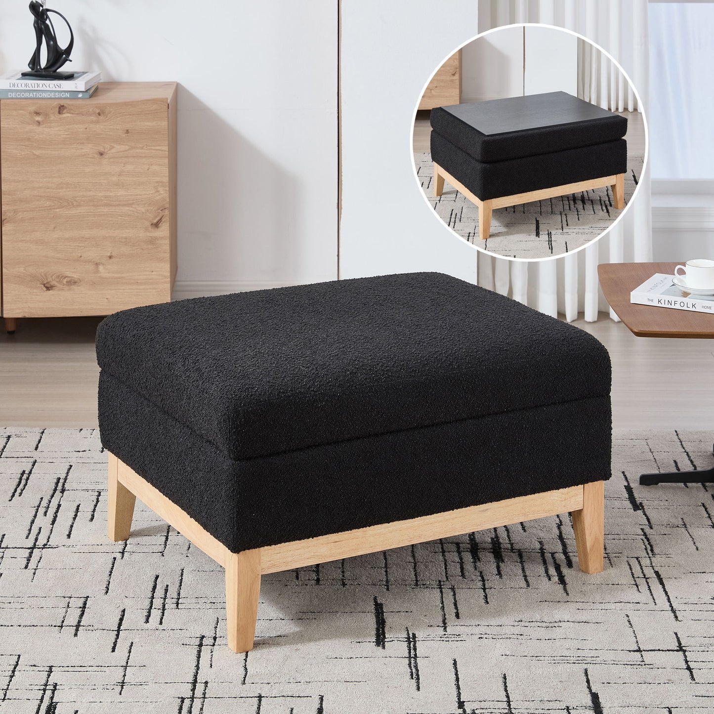 Upholstered Storage Ottoman With Reversible Lid Coffee Table, Foot Stool Square Footrest With Rubberwood Legs For Living Room Bedroom Entryway And Office - Black