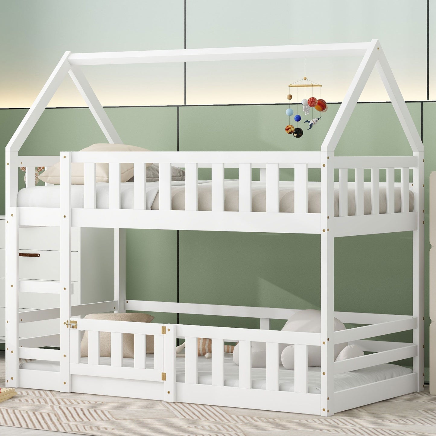Twin Over Twin House Bunk Bed With Fence And Door - White