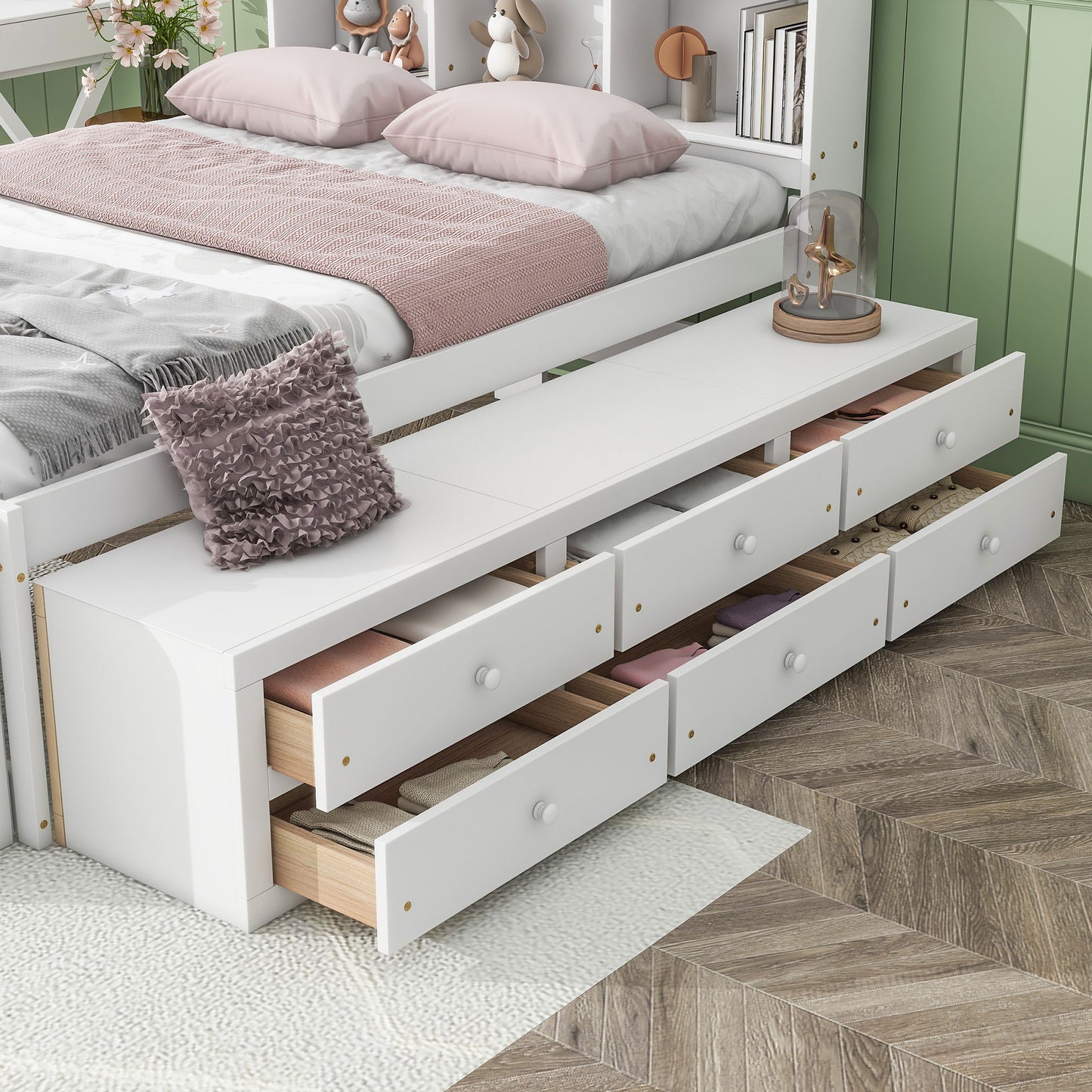 Full Bed With Bookcase Headboard, Under Bed Storage Drawers And Bed End Storage Case - White