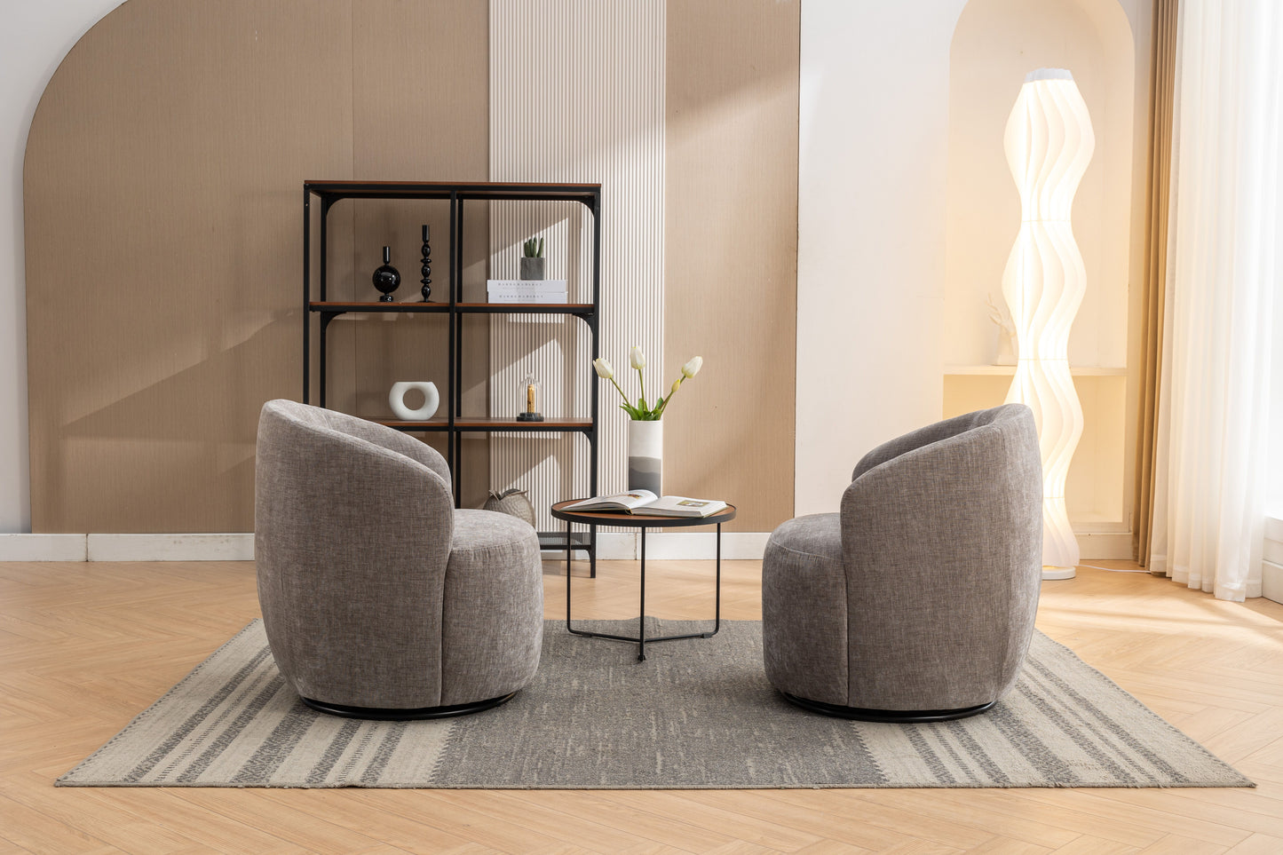 Chenille Fabric Swivel Accent Armchair Barrel Chair With Black Powder Coating Metal Ring - Gray