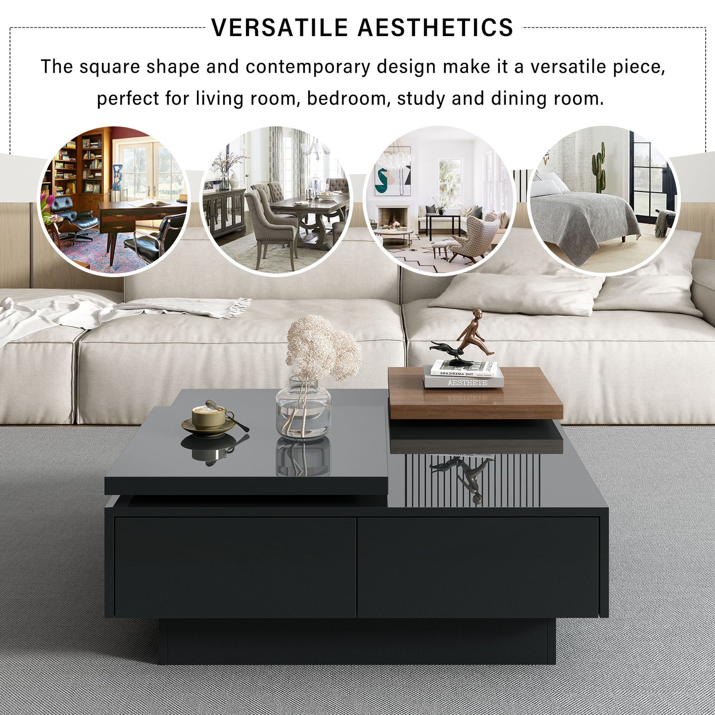 Movable Top Coffee Table, Modern Square Wood Coffee Table With High Gloss Finish, 4 Hidden Storage Drawers For Living Room - Black