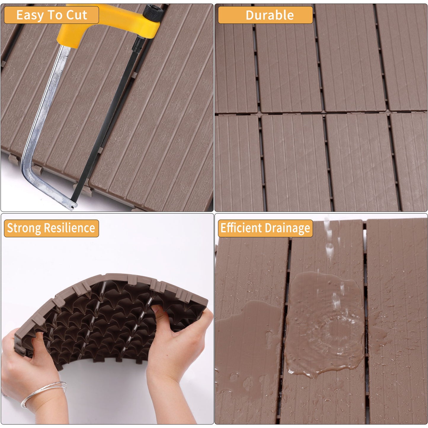 Plastic Interlocking Deck Tiles, (Set of 44), Patio Flooring Outdoor Waterproof All Weather Use For Garden Poolside Front / Back Yard - Light Coffee Color