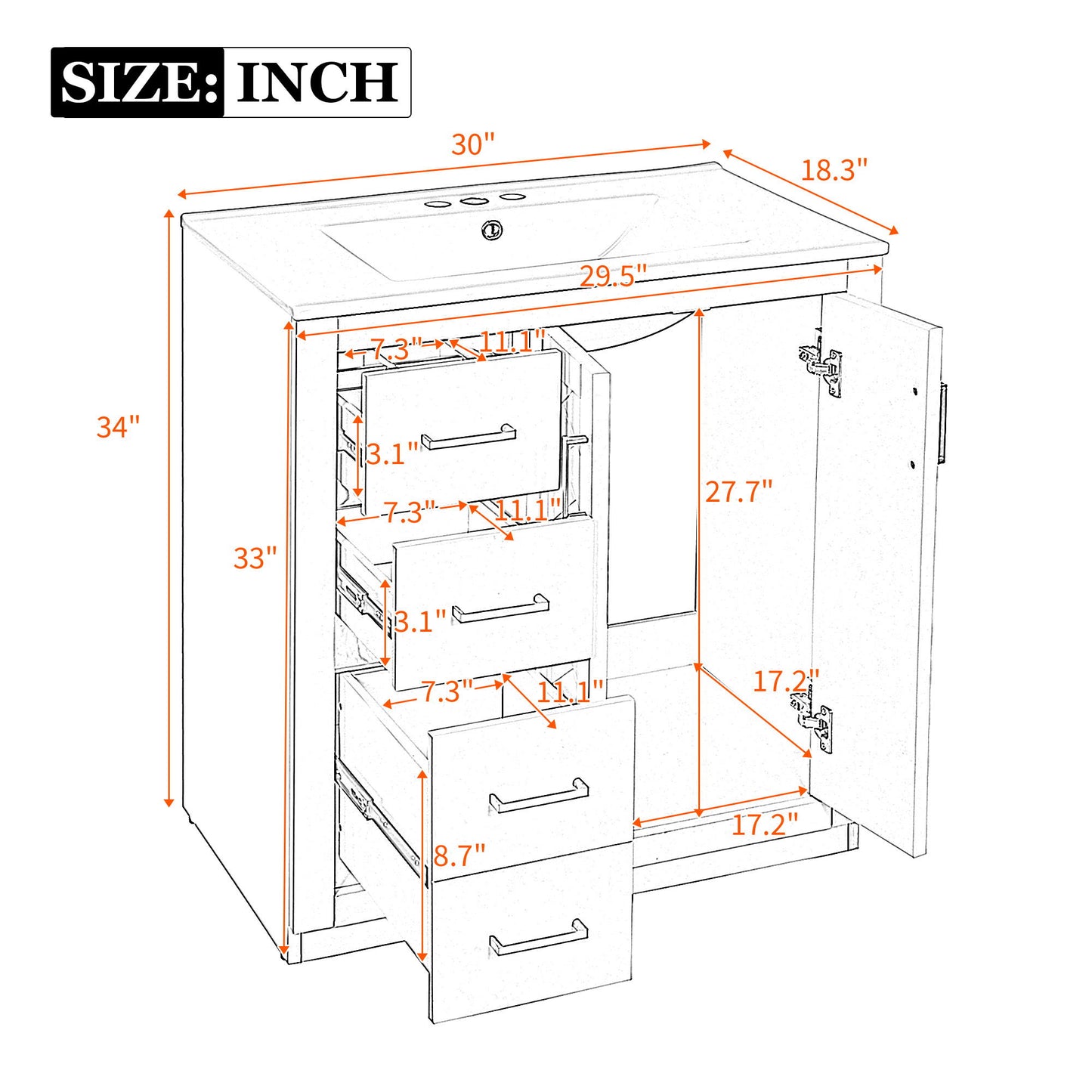 Bathroom Vanity With Ceramic Sink Combo, Frame Bathroom Storage Cabinet, Freestanding Vanity Set With 3 Drawers & Soft Closing Doors - White