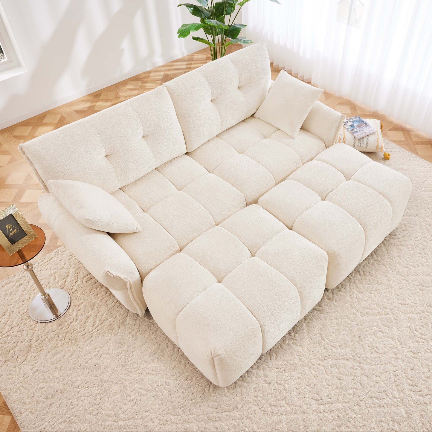 Cozy Plush 2 Seater Sofa Set With Ottomans And Throw Pillows - White