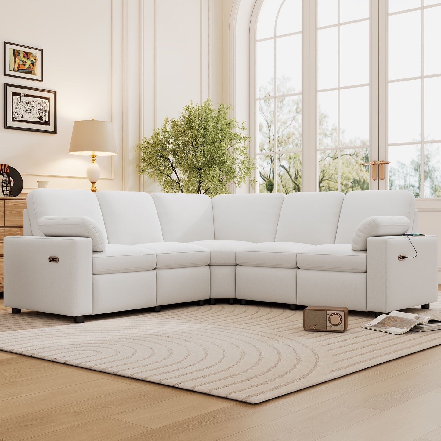 Power Recliner Sectional Sofa Home Theater Reclining Sofa With Two USB Ports, Two Storage Drawers For Living Room - Beige