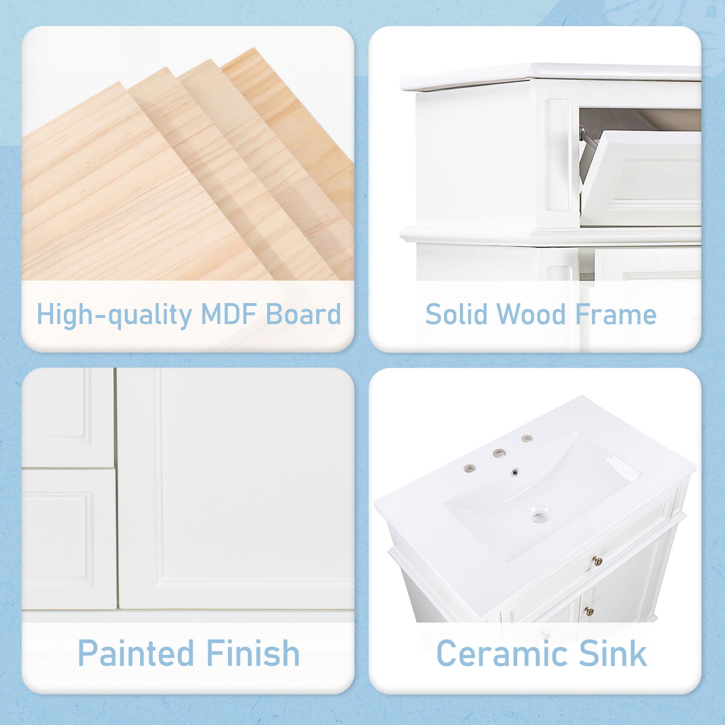 Freestanding 30" Bathroom Vanity With Sink, Soft Closing Door, Tip Out Drawer - White