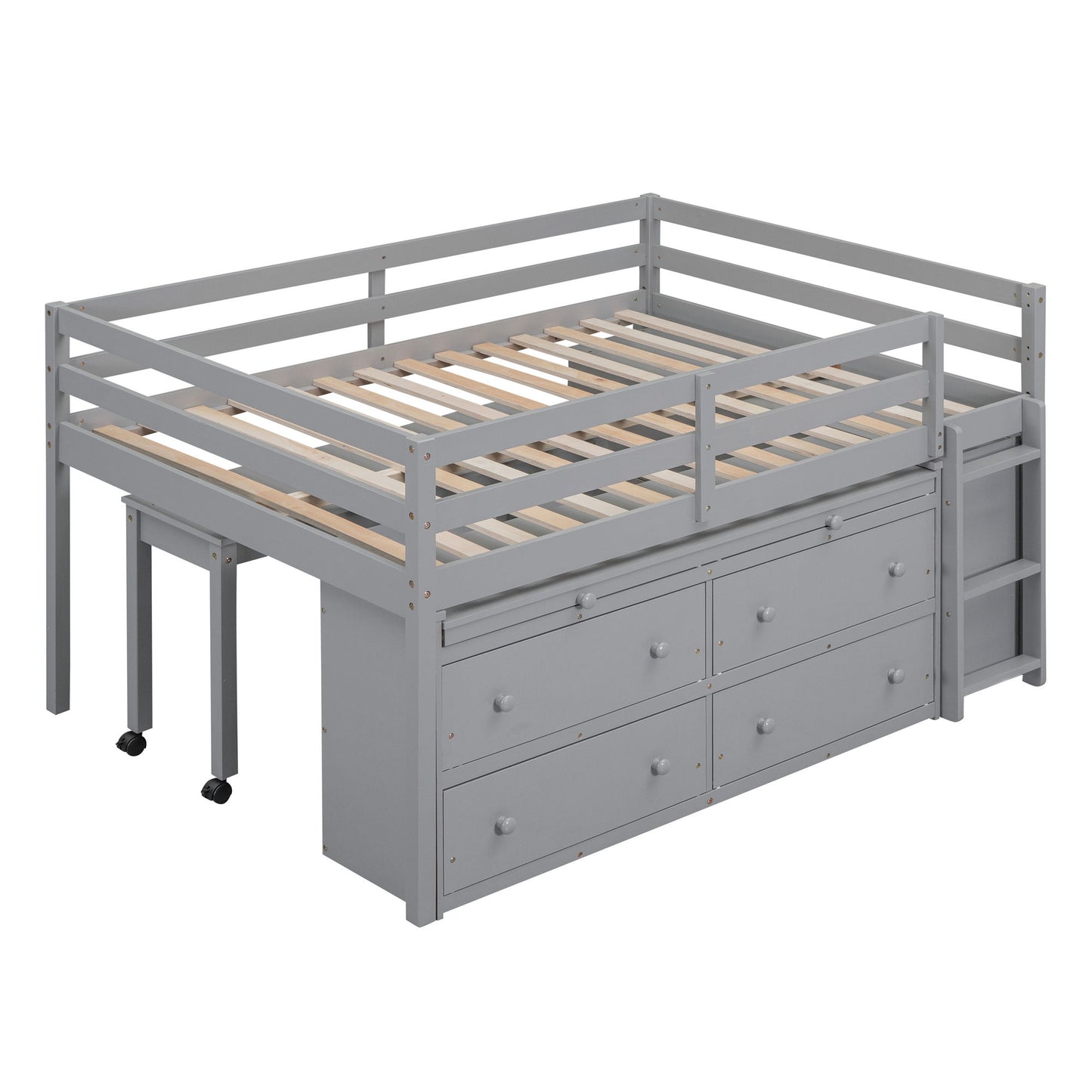 Full Size Loft Bed With Retractable Writing Desk And 4 Drawers, With Lateral Portable Desk And Shelves - Gray