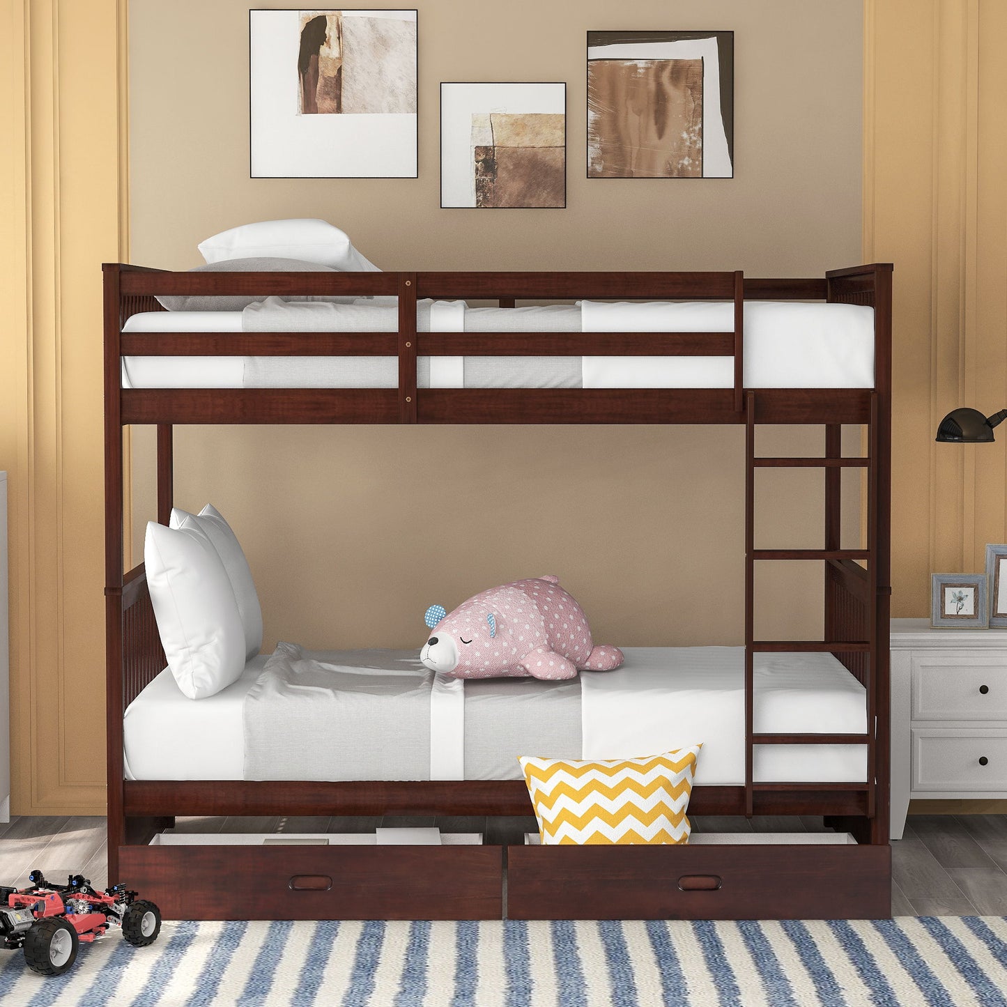 Twin Over Twin Bunk Bed With Ladders And 2 Storage Drawers - Espresso