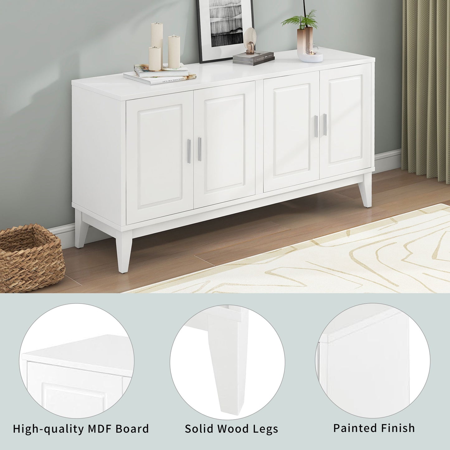 4 Door Sideboard Storage Cabinet With Door Shelf For Living Room And Dining Room, 2 Large Cabinets With Adjustable Shelf - White