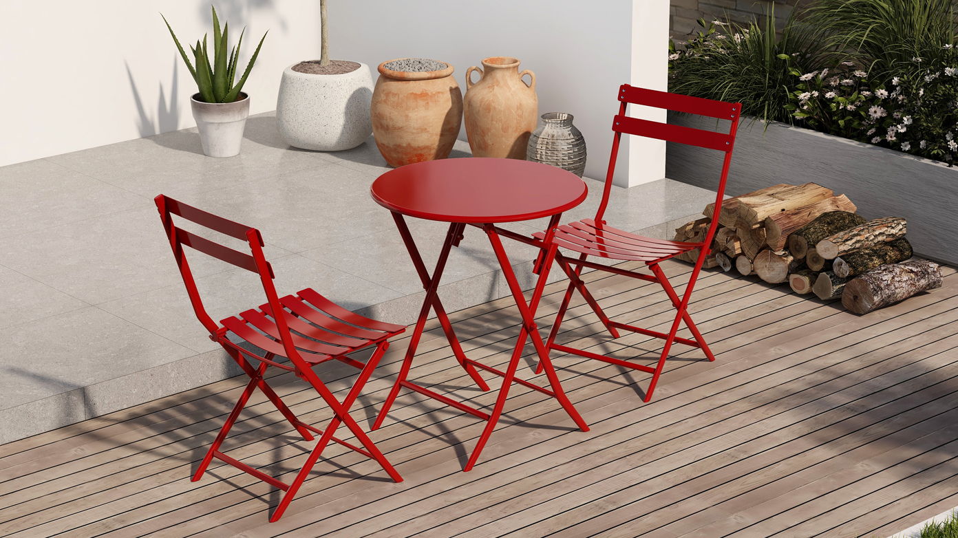 3 Piece Patio Bistro Set Of Foldable Round Table And Chairs - Red