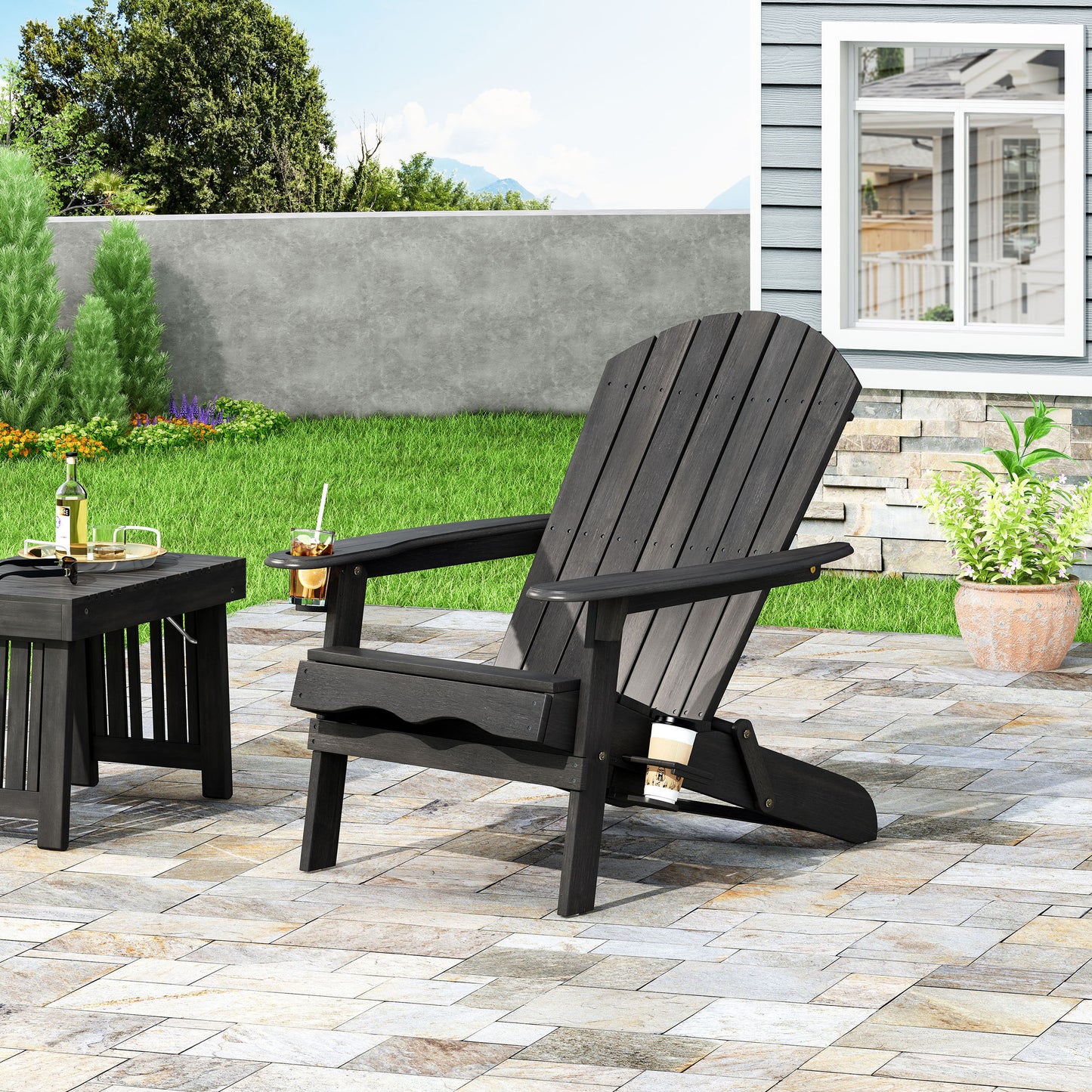 Zenithia - Outdoor Foldable Adirondack Chair With 2 Cup Holders - Dark Gray
