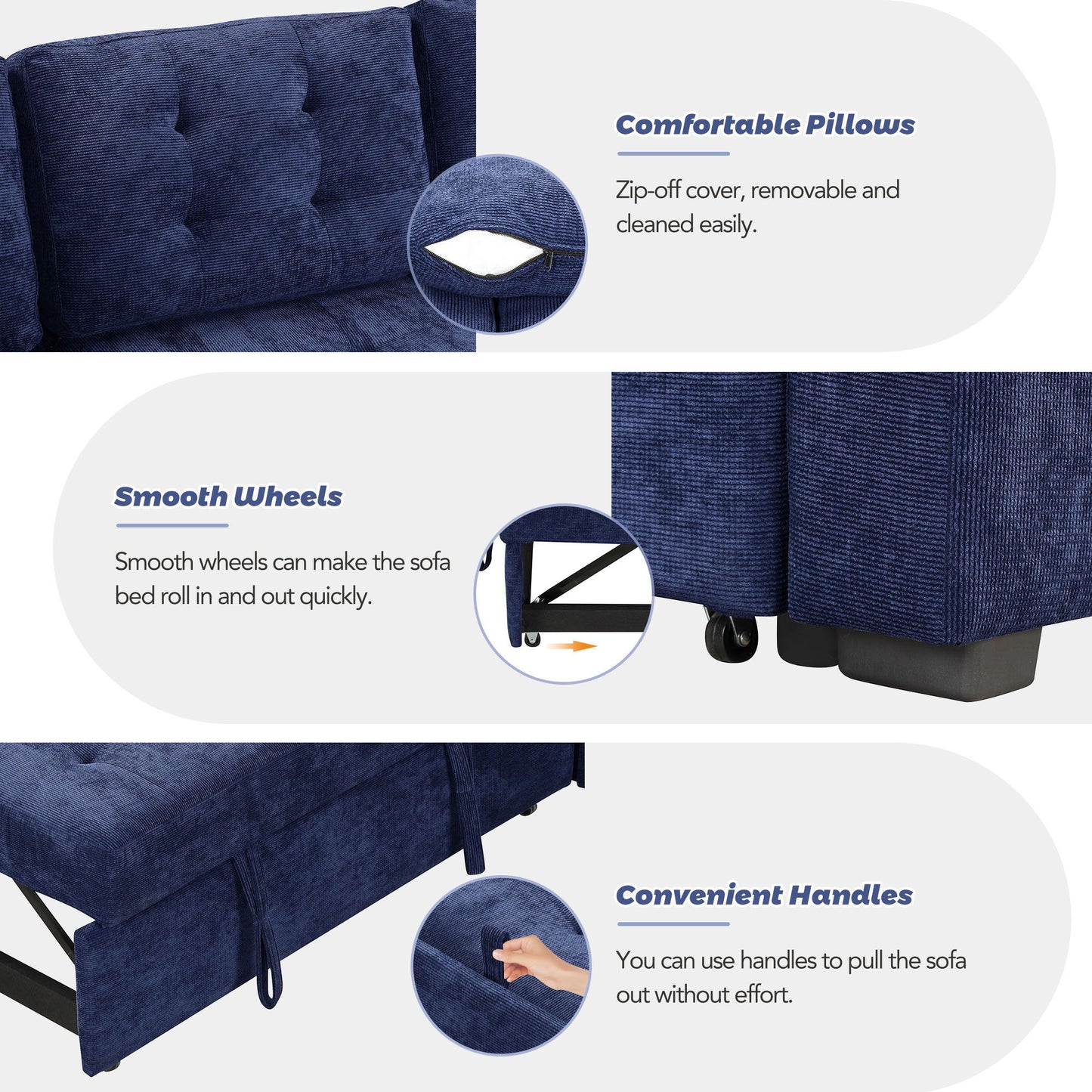 L-Shape Sofa Bed Pull-Out Sleeper Sofa With Wheels, USB Ports, Power Sockets For Living Room - Navy Blue