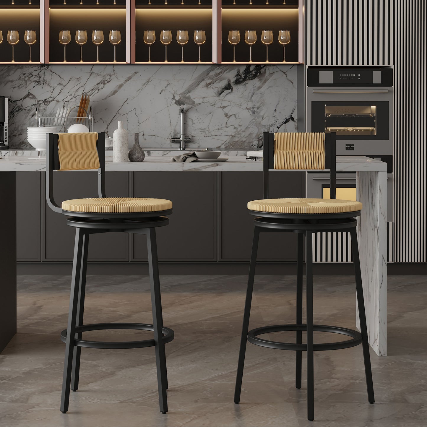 Honey Swivel Bar Stools Paper Rope Handwoven Barstools With Back (Set of 2) Rustic Round Counter Chairs For Dining Room, Kitchen Island - Honey