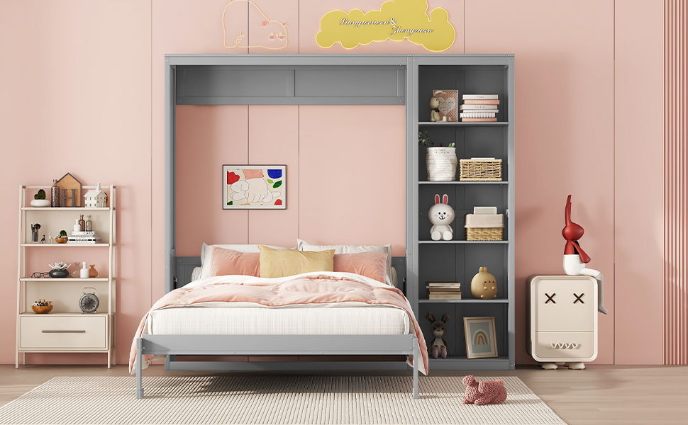 Full Size Murphy Wall Bed With Shelves - Gray