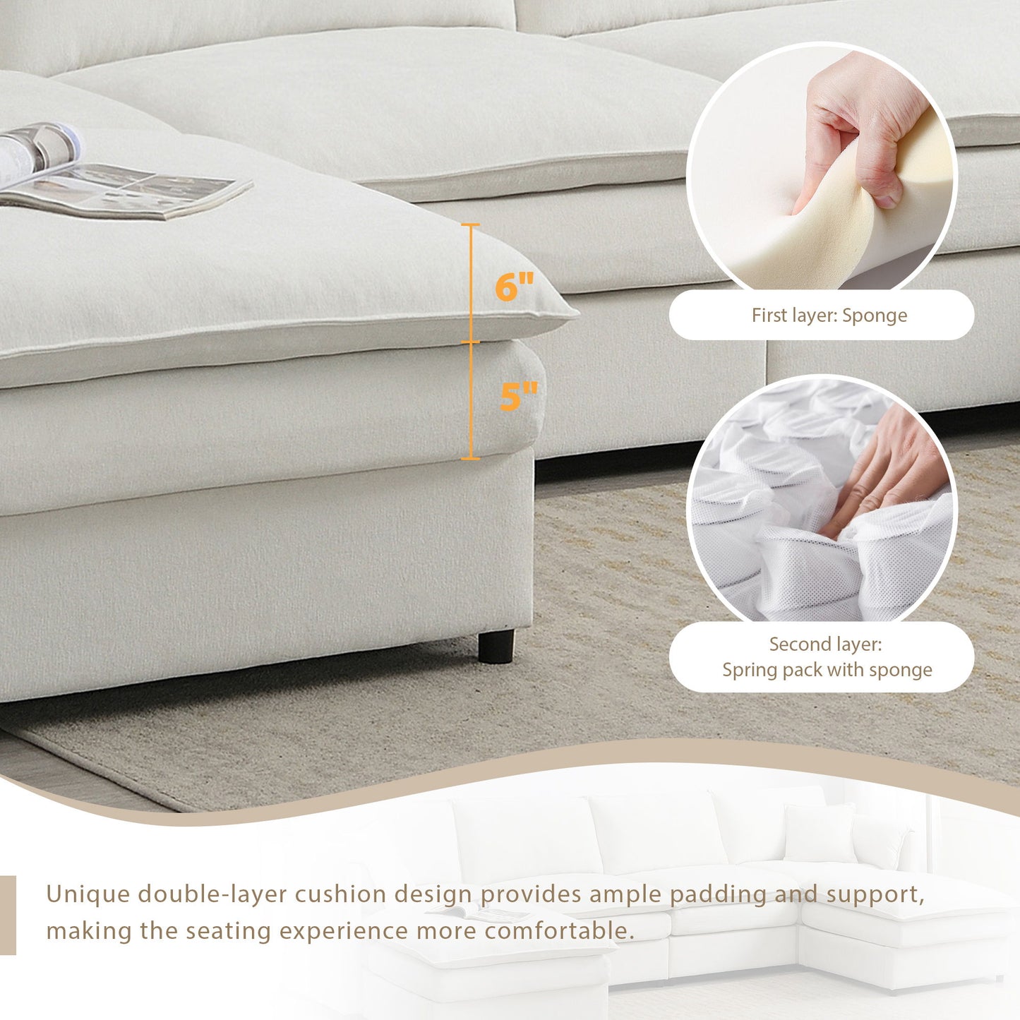 Chenille Modular Sectional Sofa, U Shaped Cloud Couch Set With Double Cushions, 6 Seat Sleeper Sofa Bed With Ottomans, Oversized Indoor Furniture - Cream
