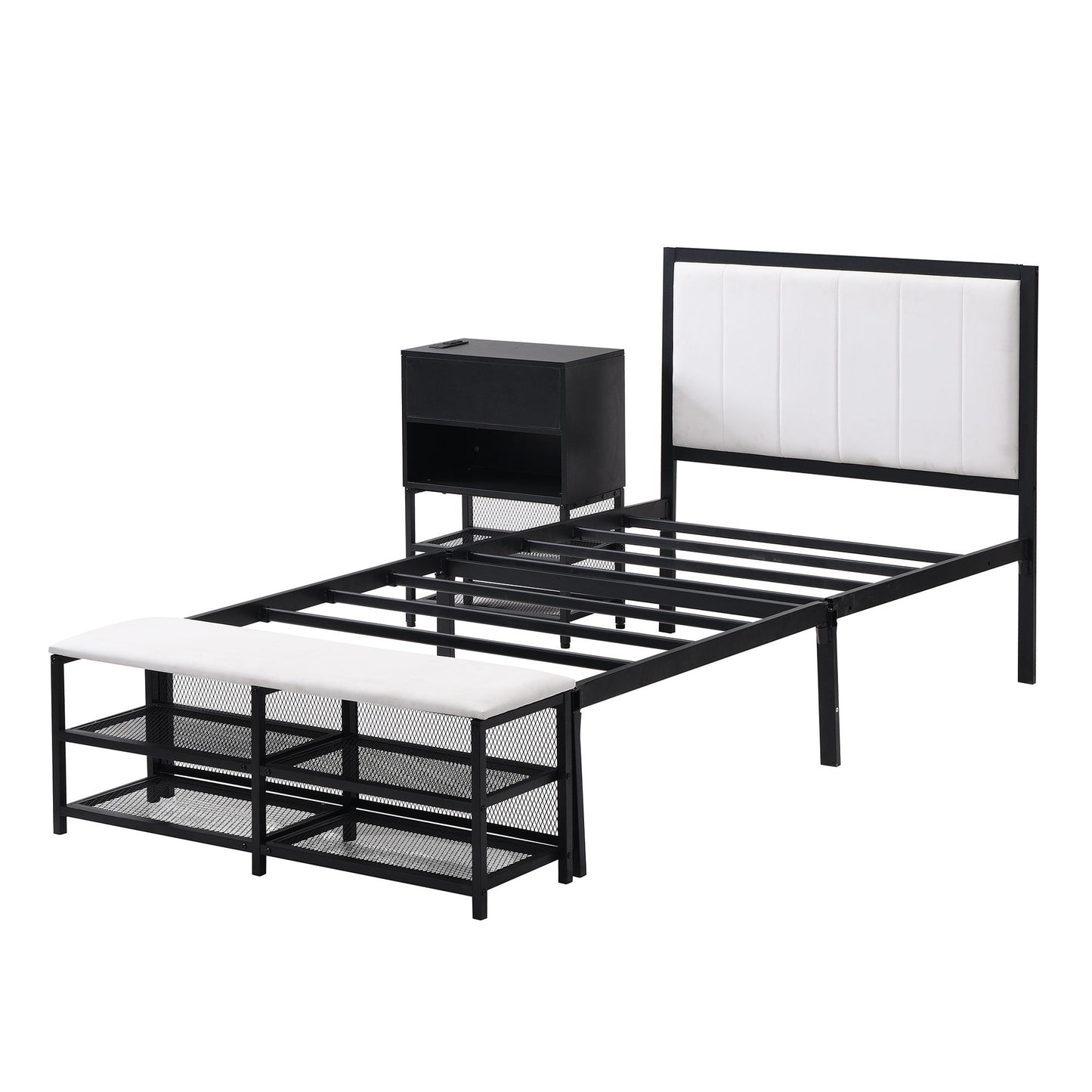 Twin Size Platform Bed With 2 Tier Storage Shelves, Storage Cabinet - Black