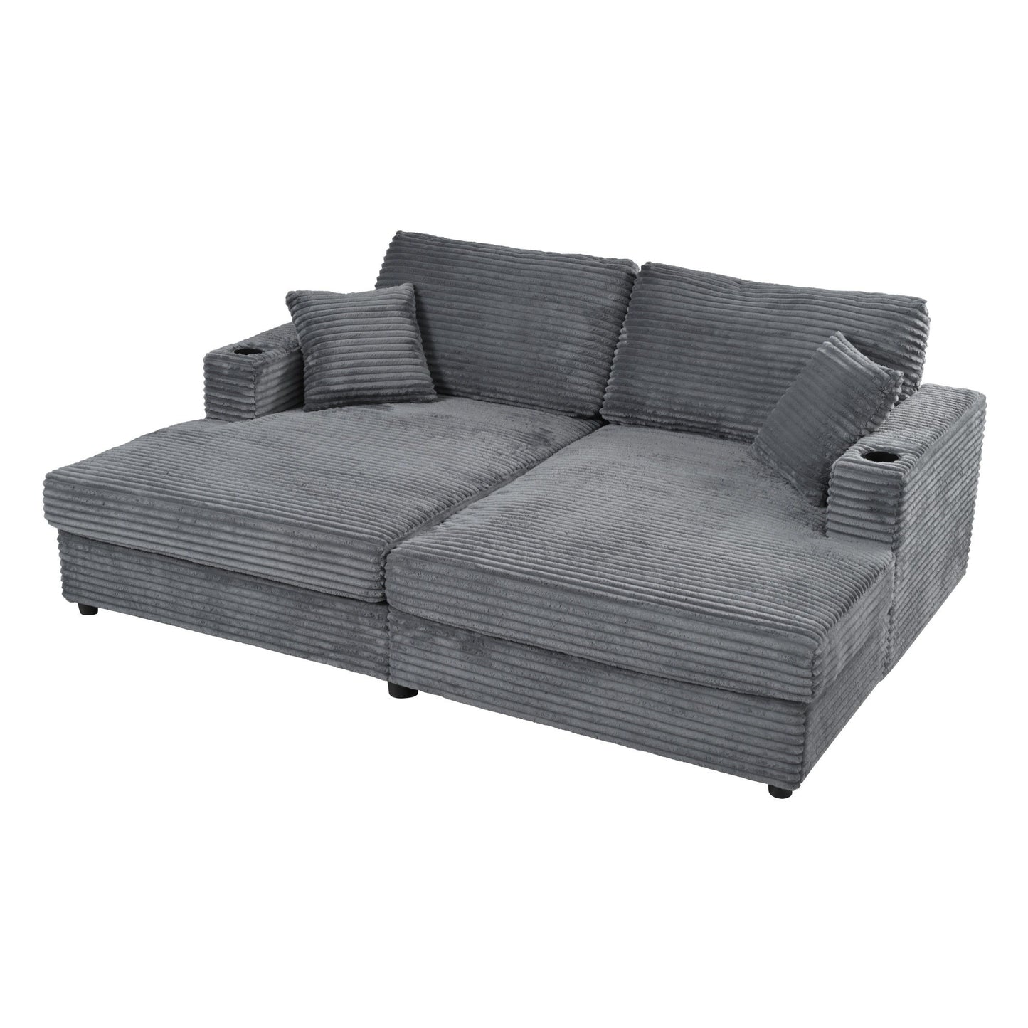 Oversized Loveseat Chaise Lounge Sectional Sofa Bed Corduroy Sleeper Sofa With 2 USB Ports, 2 Cup Holders And 2 Throw Pillows For Living Room And Bedroom - Dark Gray