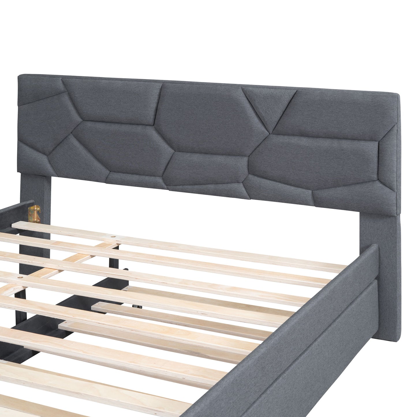 Queen Size Upholstered Platform Bed With Brick Pattern Headboard And Twin Long Size Trundle - Gray
