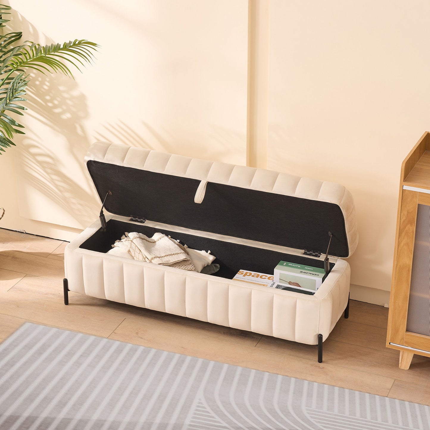 Wide Upholstered Velvet Storage Soft Bench Footstool Ottoman End Of Bed With Metal Legs, Foot Rest For Living Room, Entryway And Bedroom - Beige