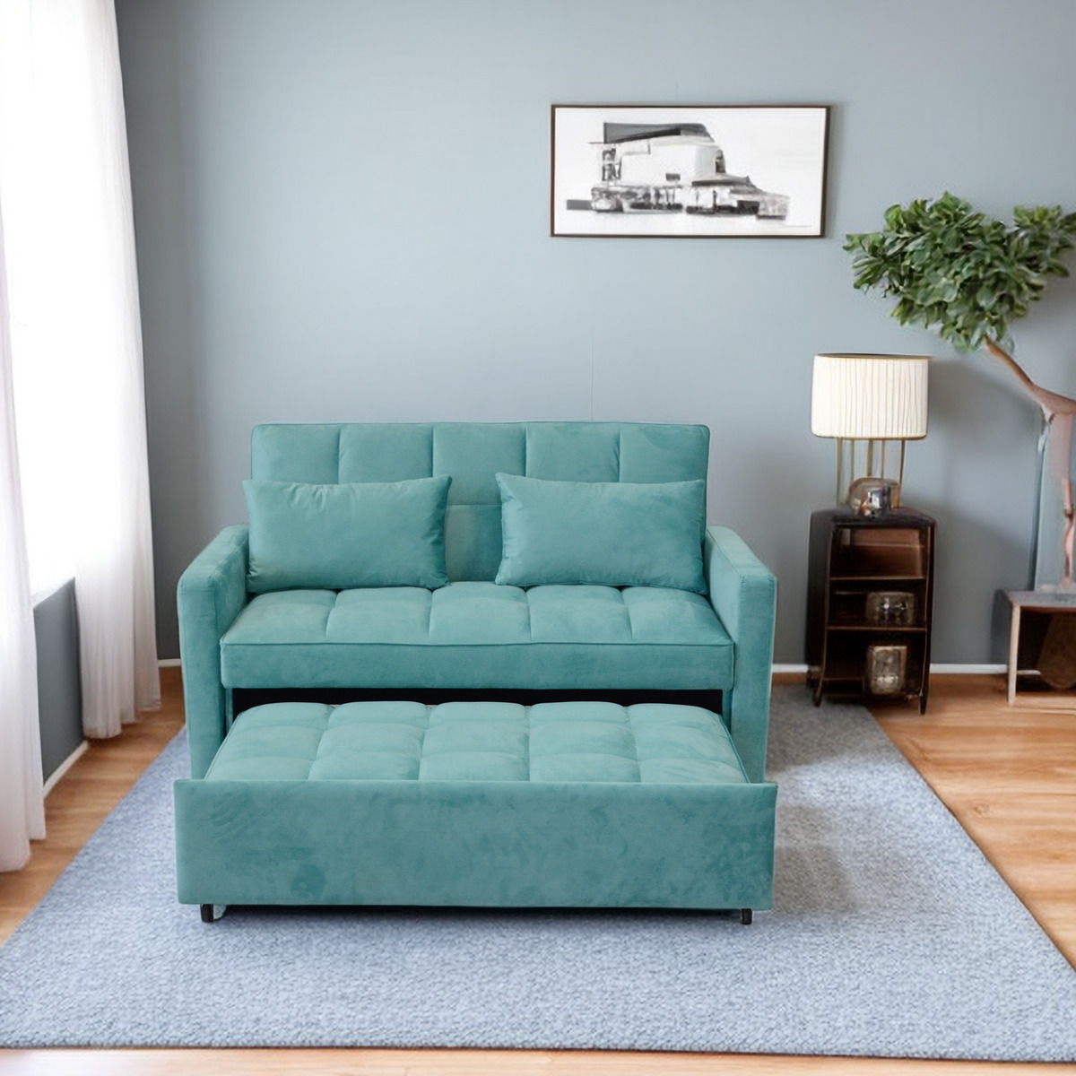 Velvet Two Seater Pull Out Sofa Bed, Adjustable Backrest With Three USB Ports, Two Side Pockets, 3 In 1 Convertible Sleeper Sofa Bed, Modern Love Seat Lounge Sofa For Living Room - Light Blue
