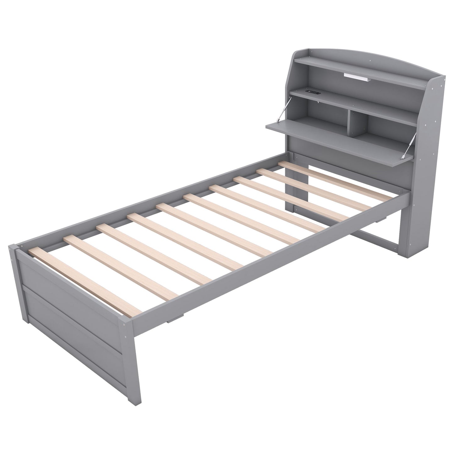 Twin Size LED Platform Bed With Trundle With Storage Headboard With Drawers - Gray
