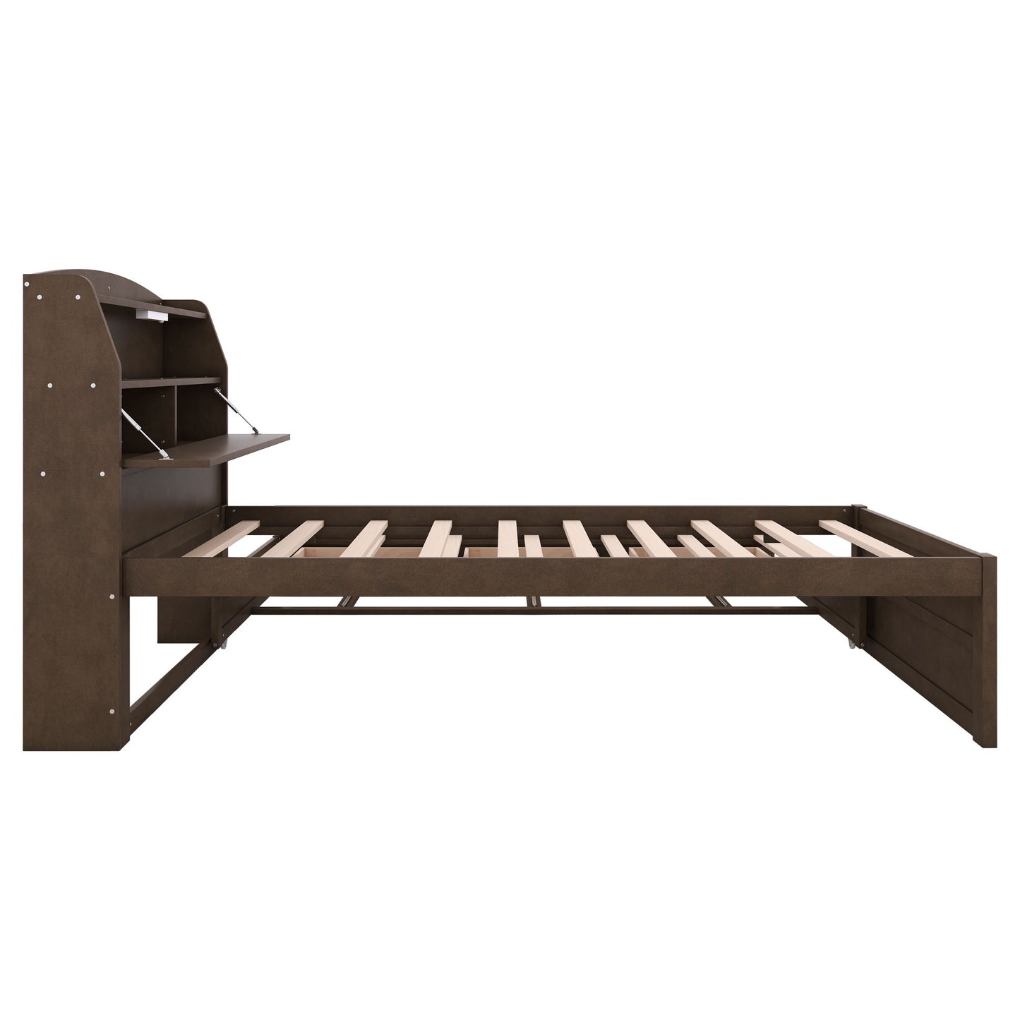 Twin Size LED Platform Bed With Trundle With Storage Headboard With Drawers - Brown