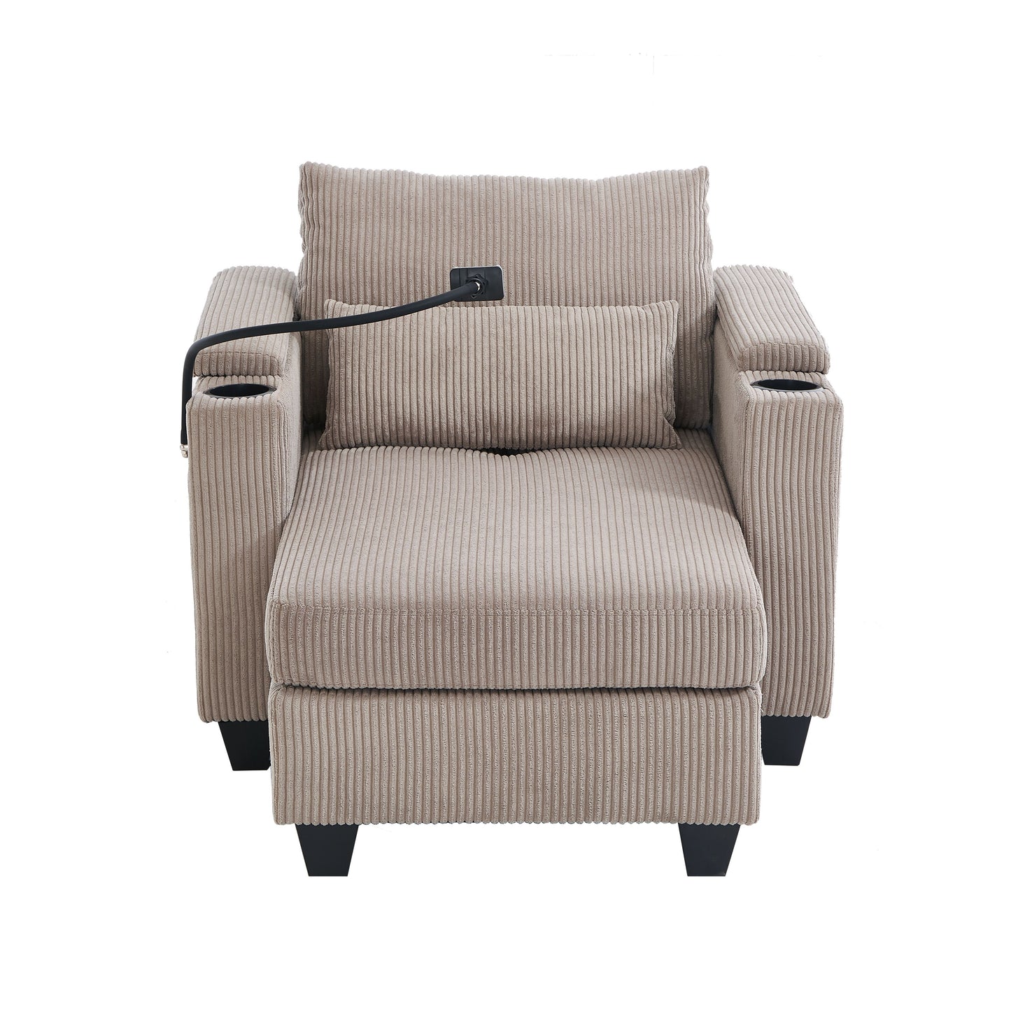 Convertible Chaise Lounge Sofa Chair With USB Ports, Cup Holders, Phone Holder, Storage - Brown