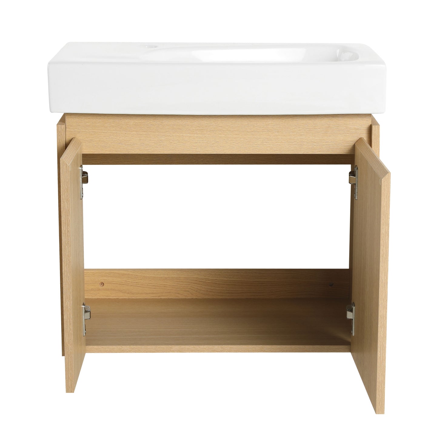 Modern 24" Bathroom Vanity With Ceramic Basin, Wall Mounted Floating Sink Combo, Wooden Storage Cabinet - Oak