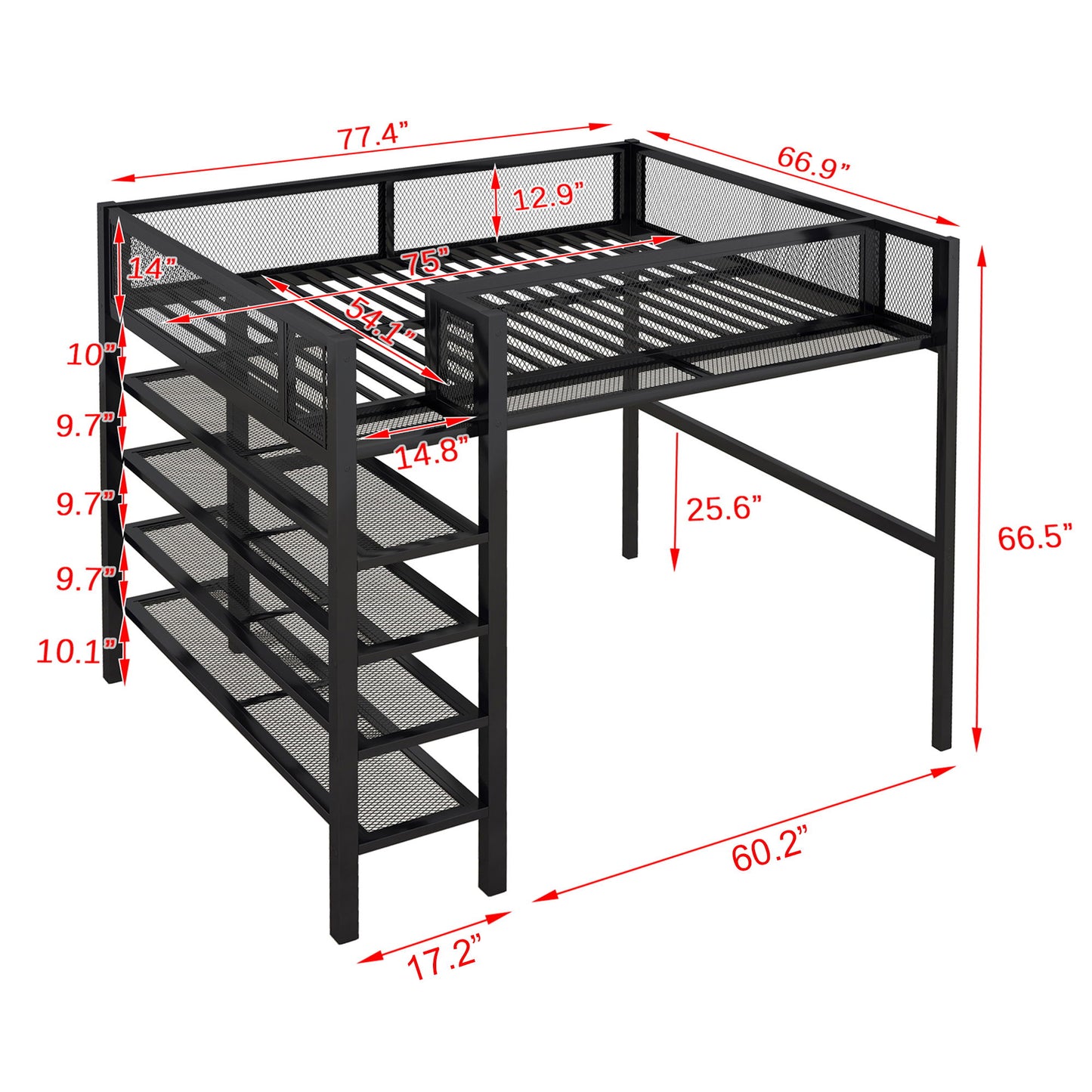 Full Size Loft Bed With 4 Tier Shelves And Storage - Black