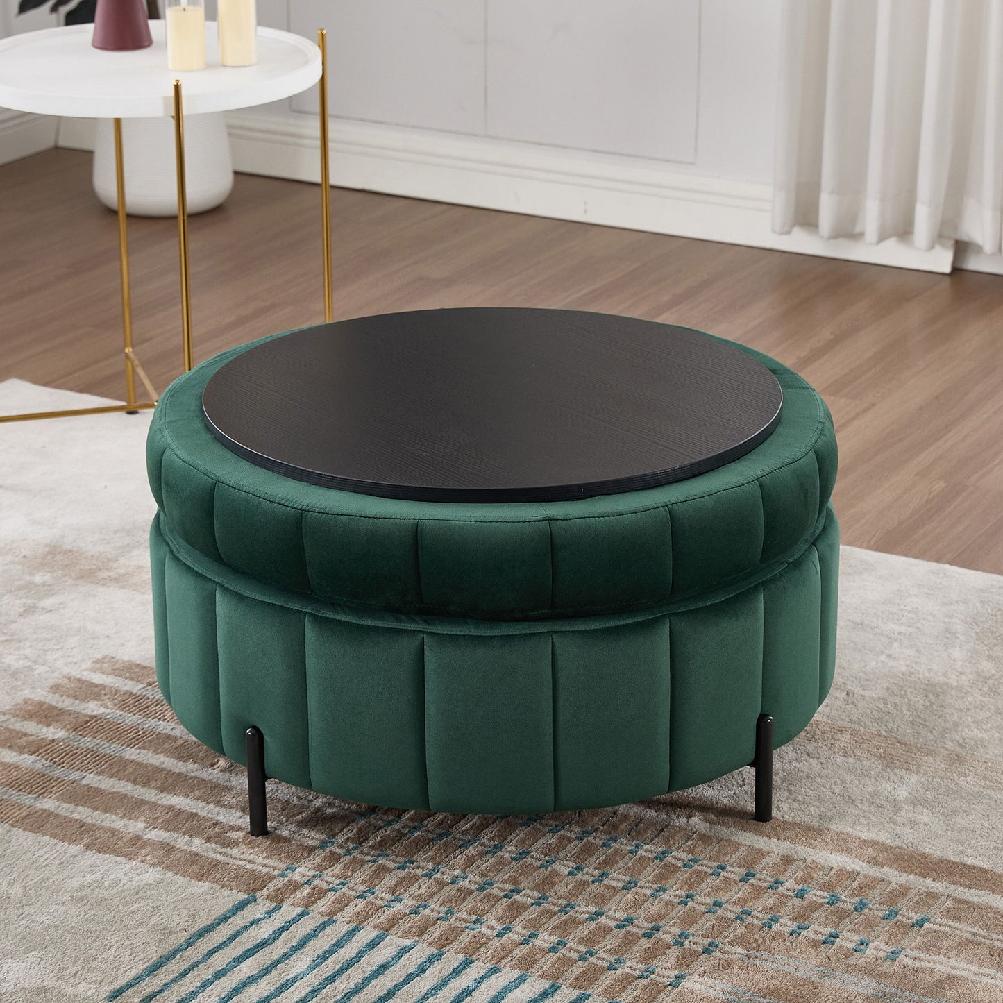 Upholstered Round Ottoman With Reversible Lid, Velvet Storage Stool, Channel Tufted Pumpkin Shape Footstool For Living Room, Bedroom And Office - Green