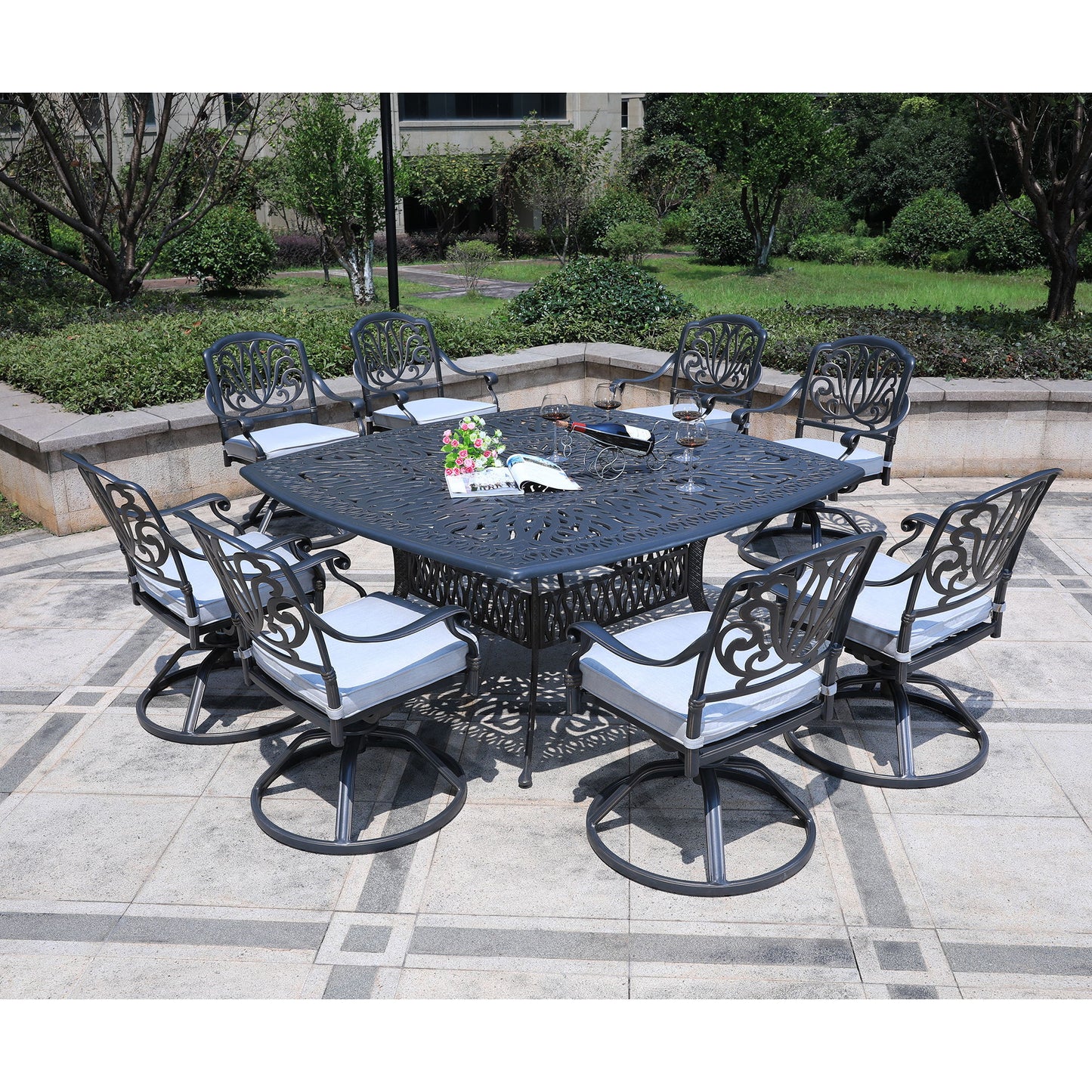 Square 8 Person 64" Long Aluminum Dining Set With Cushions With Swivel And Rocking Chairs - Dark Gray / White