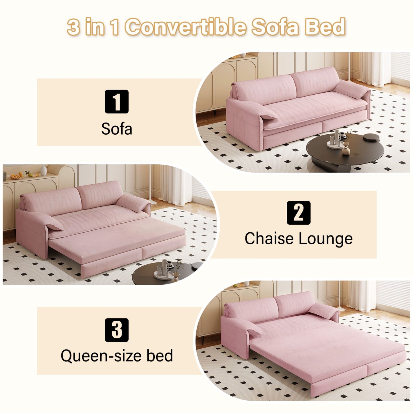 Queen Pull Out Sofa Bed, 3 In 1 Convertible Sleeper Sofa With Side Storage Multifunctional Velvet Loveseat Bed For Living Room - Pink